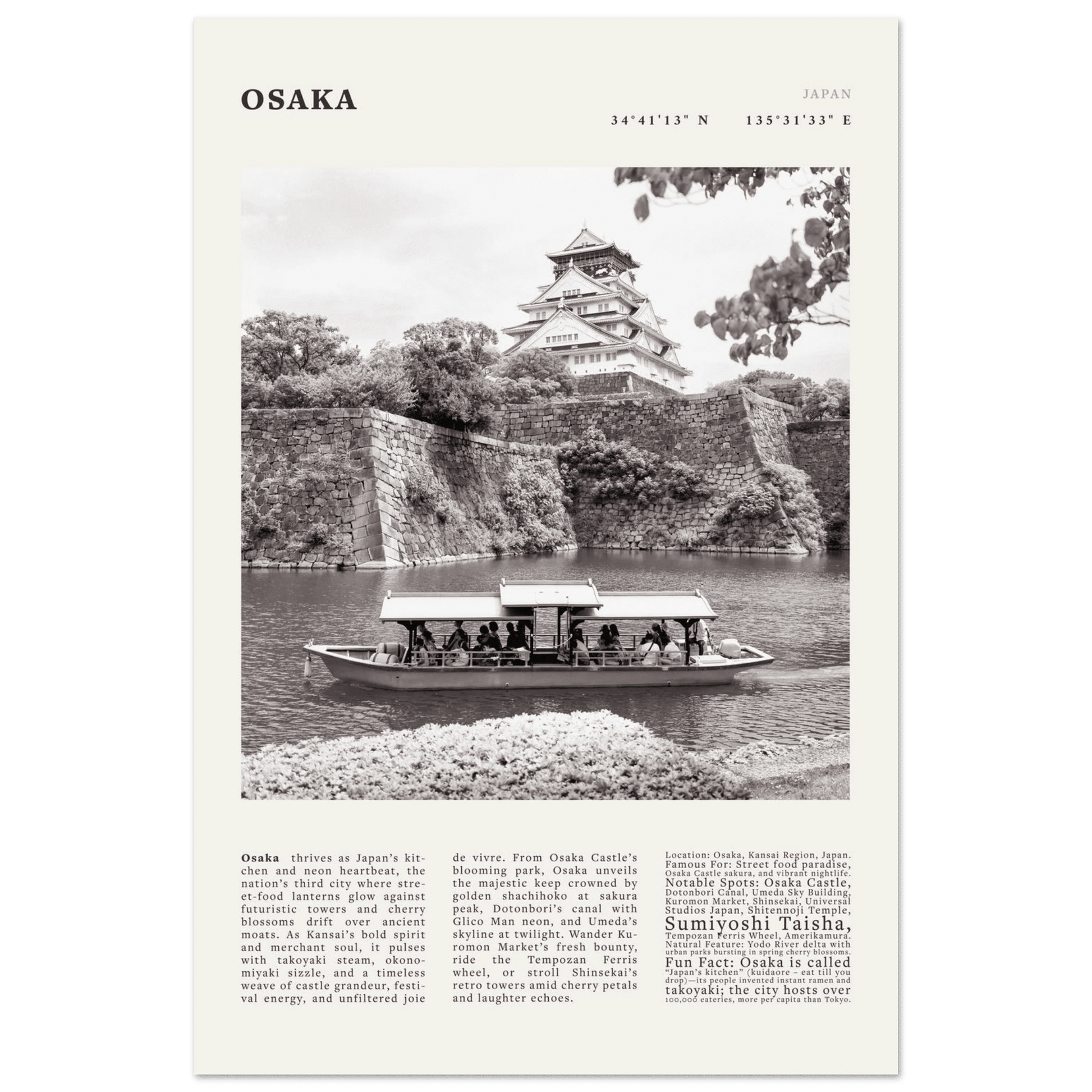 Osaka Poster Black and White – Vintage Osaka Castle Cherry Blossom Print (Digital & Printed Options) - Evergreen Posters