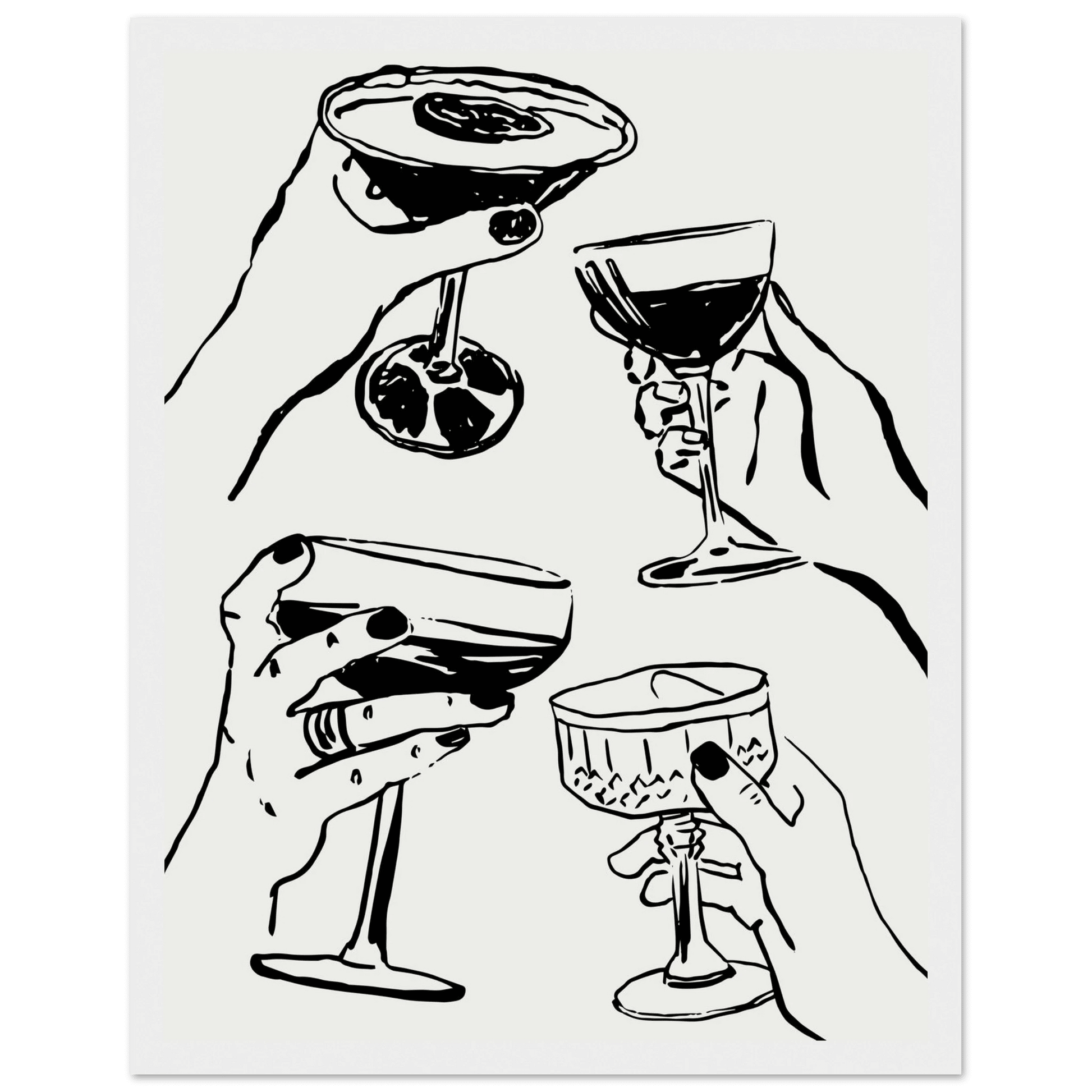 Cheers Print | Black Line Art Cocktail Glasses Wall Art | Kitchen Bar Poster - Evergreen Posters