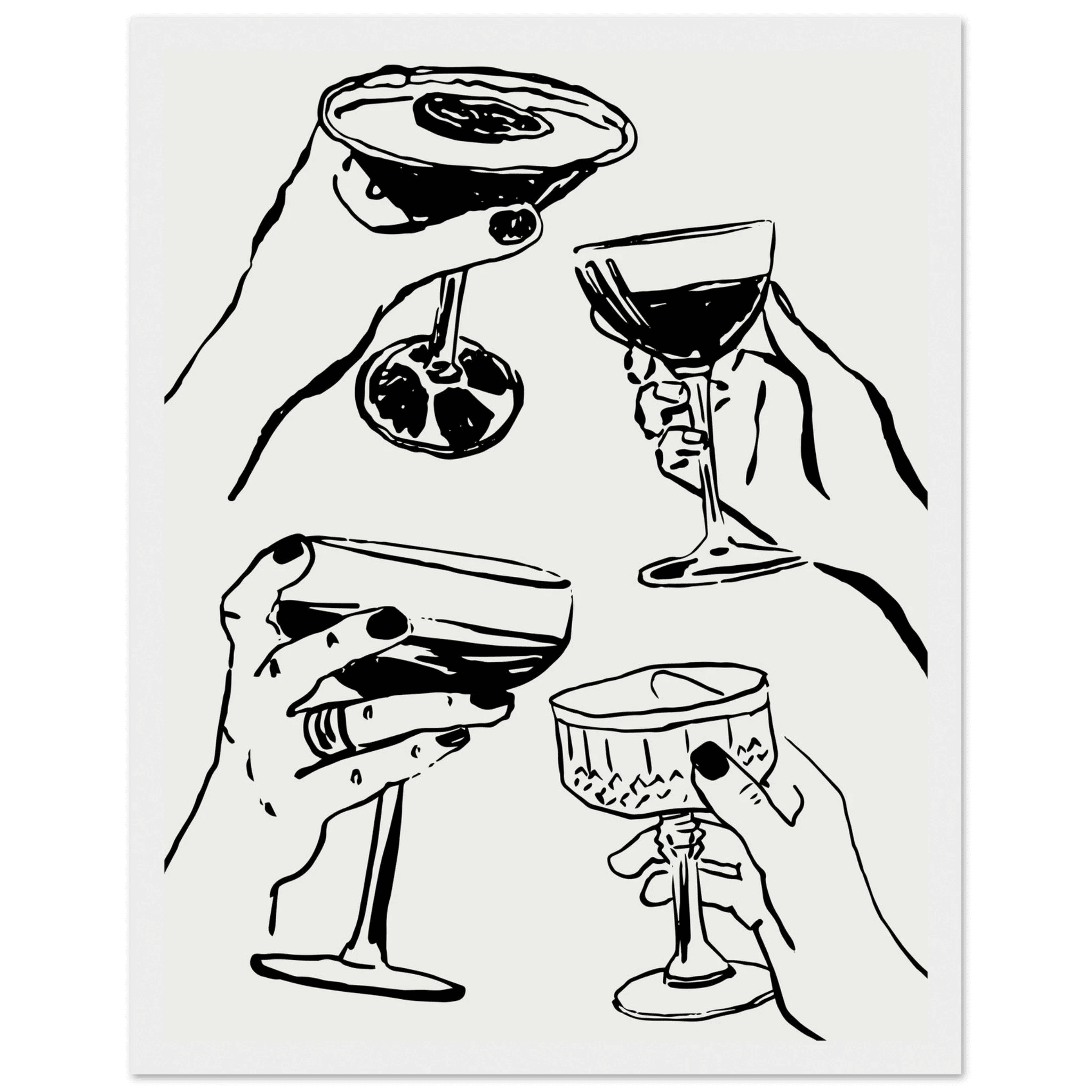 Cheers Print | Black Line Art Cocktail Glasses Wall Art | Kitchen Bar Poster - Evergreen Posters