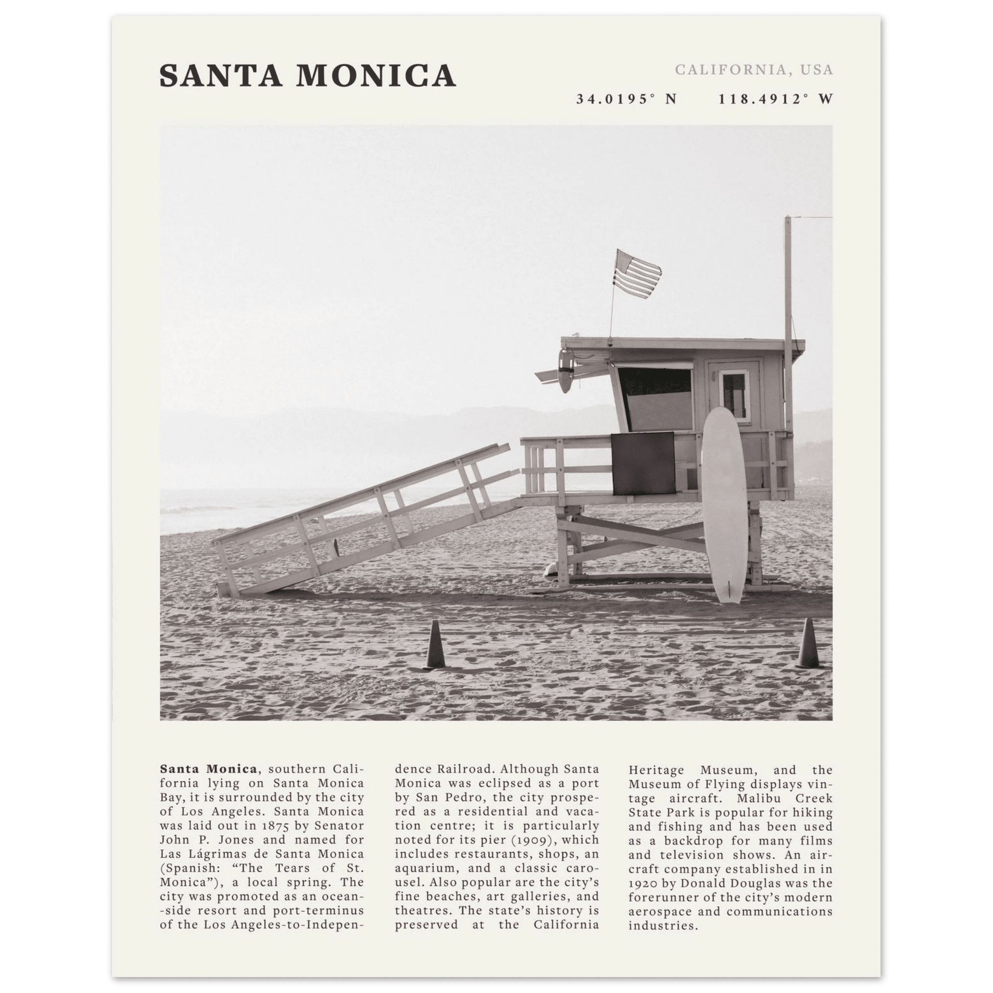 Santa Monica Poster | Black & White California Wall Art | Beach Travel Print | Coastal Decor - Evergreen Posters