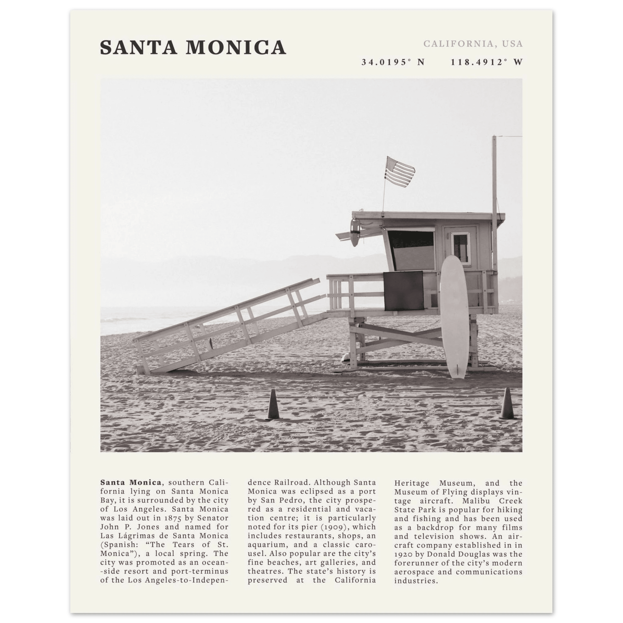 Santa Monica Poster | Black & White California Wall Art | Beach Travel Print | Coastal Decor - Evergreen Posters