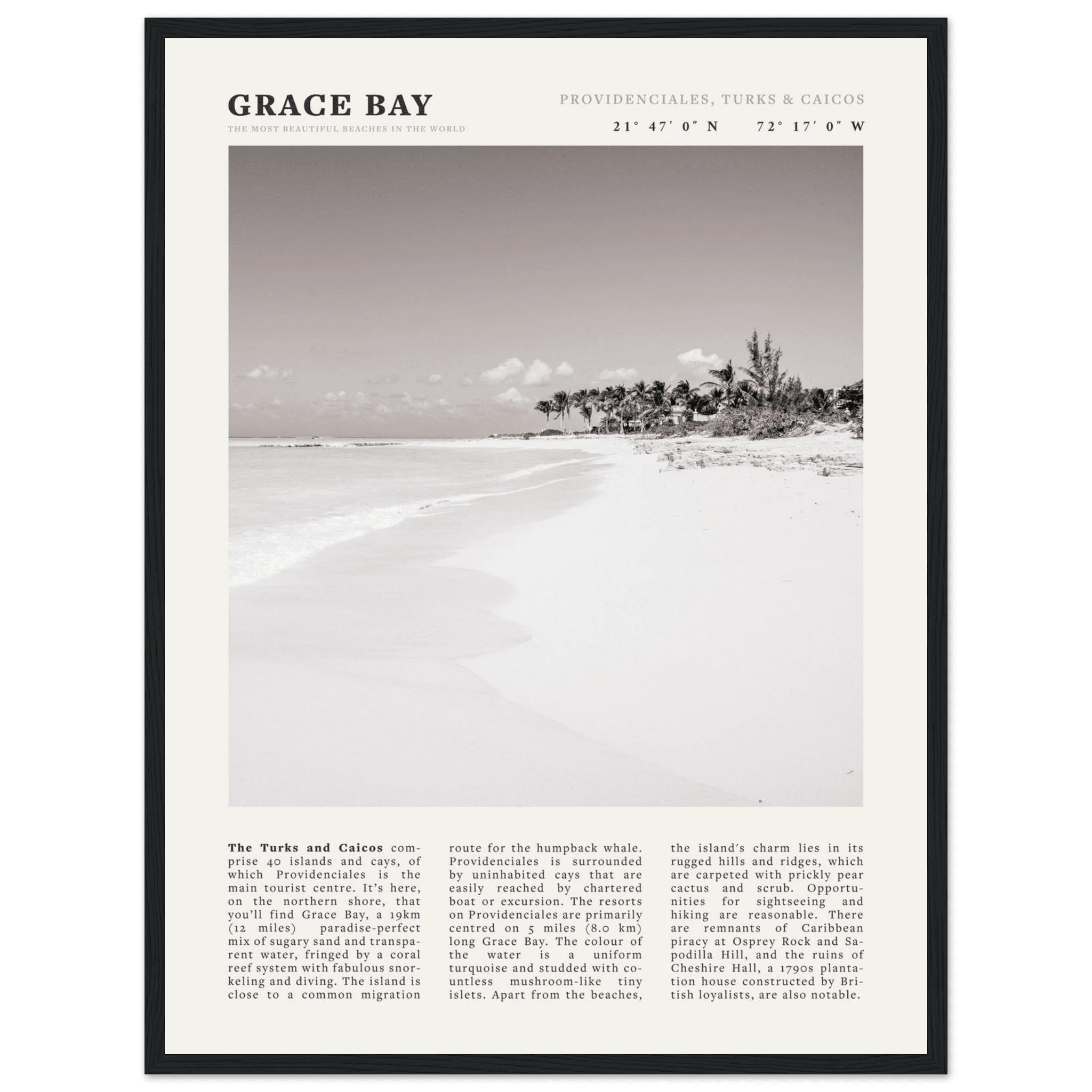 Grace Bay Poster | Black & White Turks & Caicos Wall Art | Caribbean Beach Print - Evergreen Posters