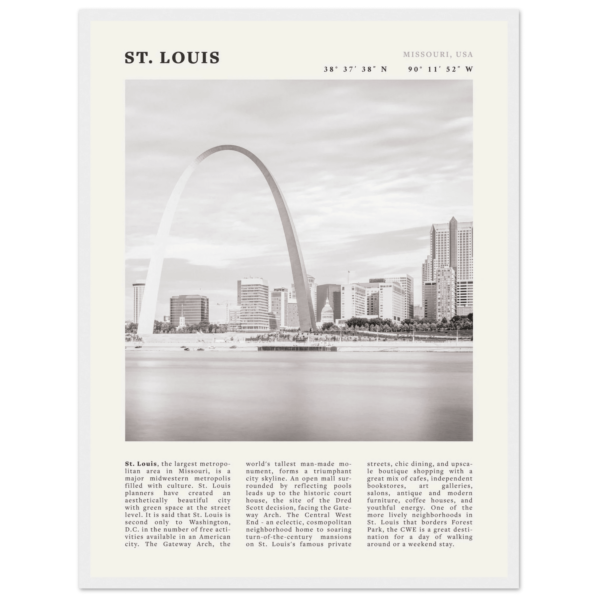 St. Louis Poster | Black & White Gateway Arch Wall Art | Missouri Travel Print - Evergreen Posters