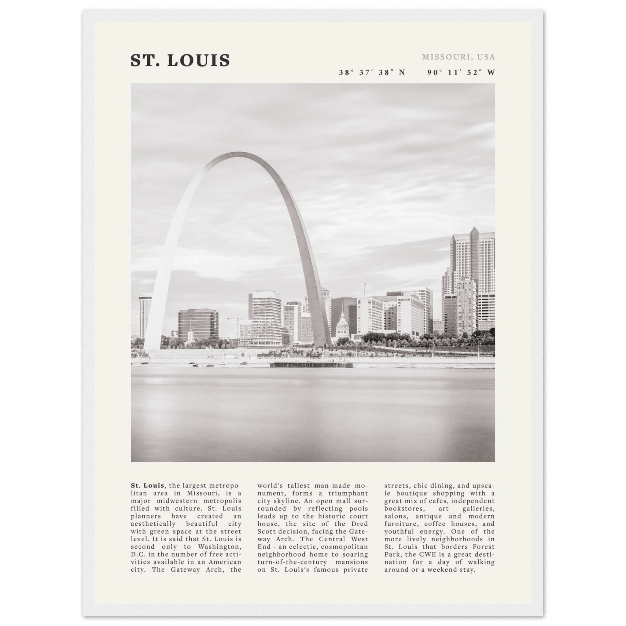 St. Louis Poster | Black & White Gateway Arch Wall Art | Missouri Travel Print - Evergreen Posters