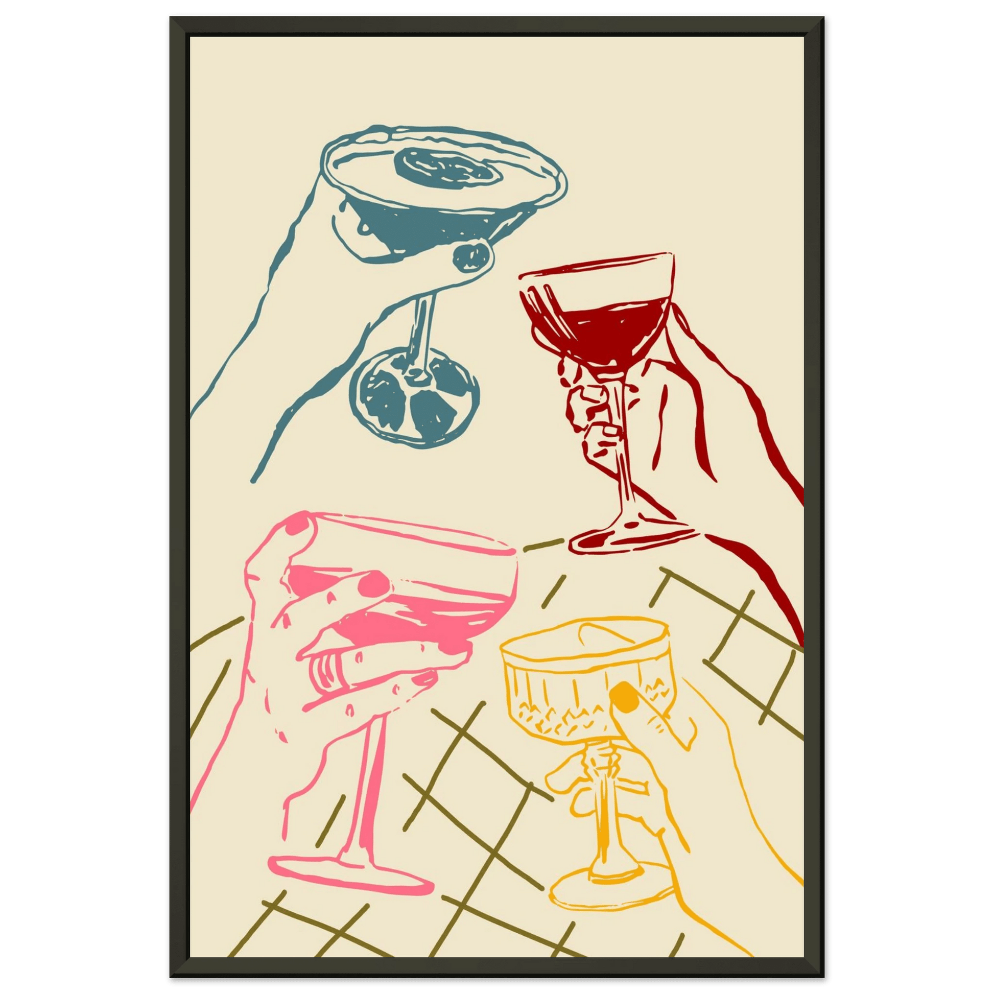 Cheers Print | Colourful Cocktail Glasses Wall Art | Kitchen Bar Poster - Evergreen Posters