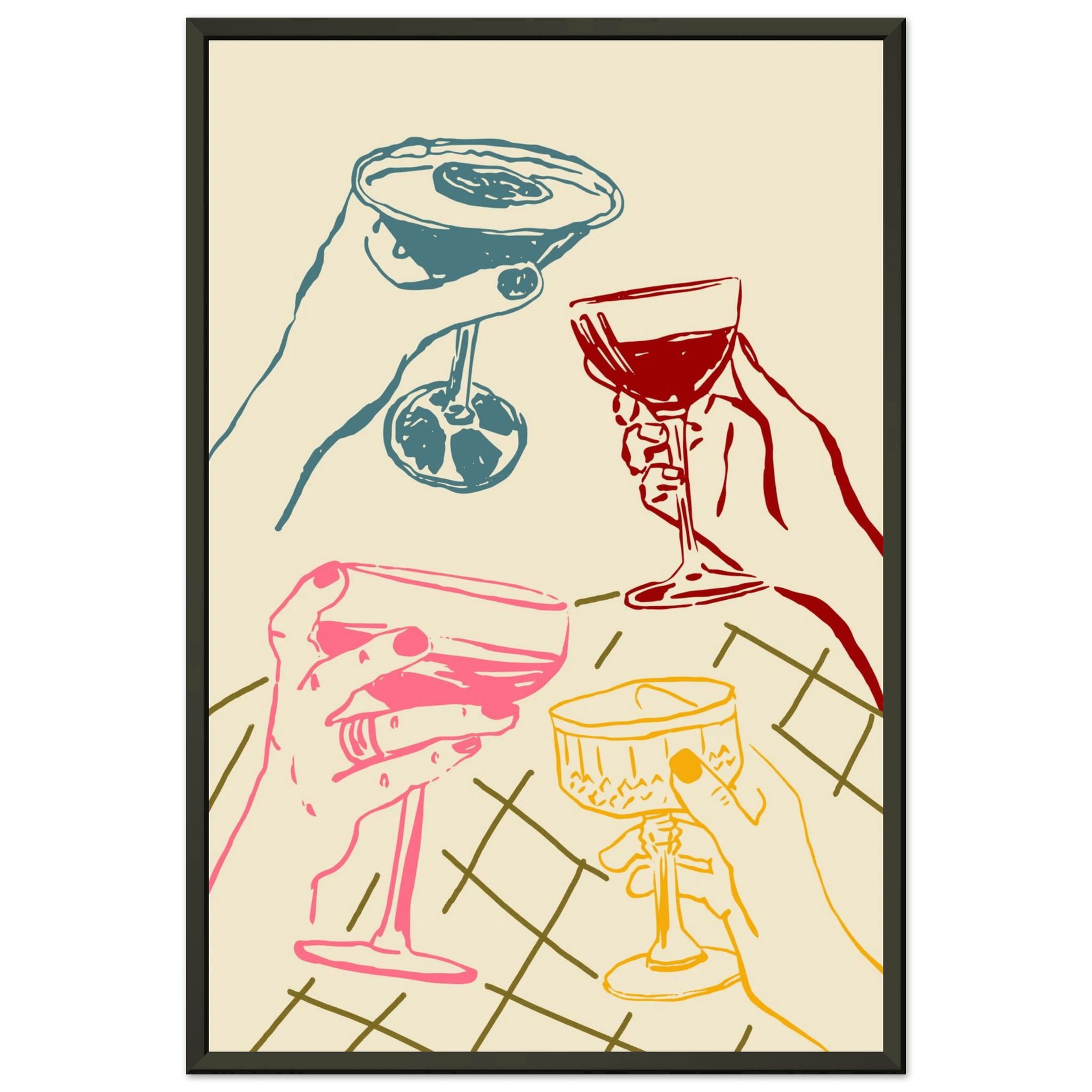 Cheers Print | Colourful Cocktail Glasses Wall Art | Kitchen Bar Poster - Evergreen Posters