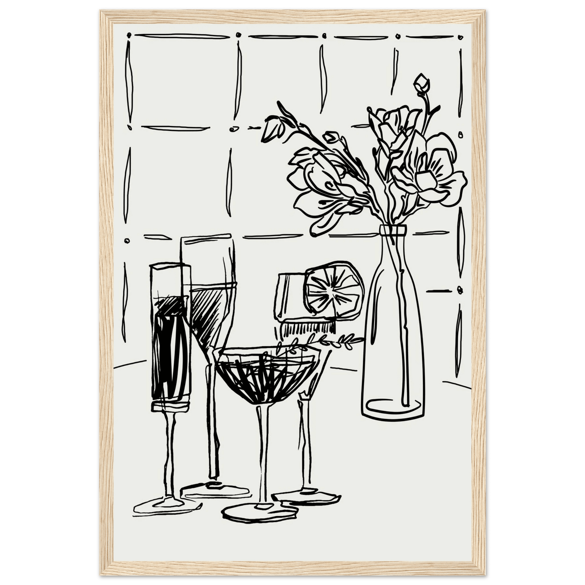 Cocktails & Flowers Print | Black Line Art Drinks Wall Art | Kitchen Bar Poster - Evergreen Posters