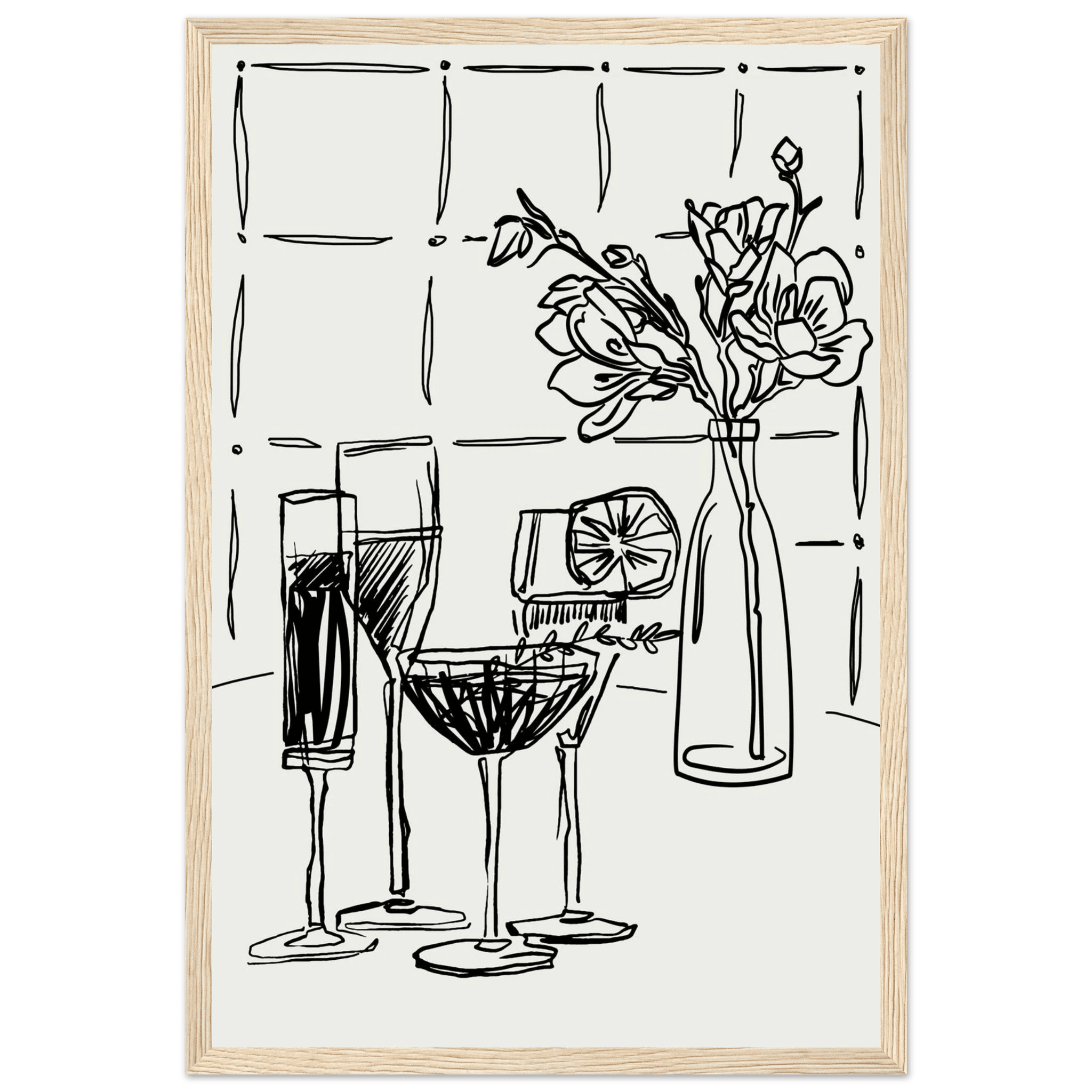 Cocktails & Flowers Print | Black Line Art Drinks Wall Art | Kitchen Bar Poster - Evergreen Posters