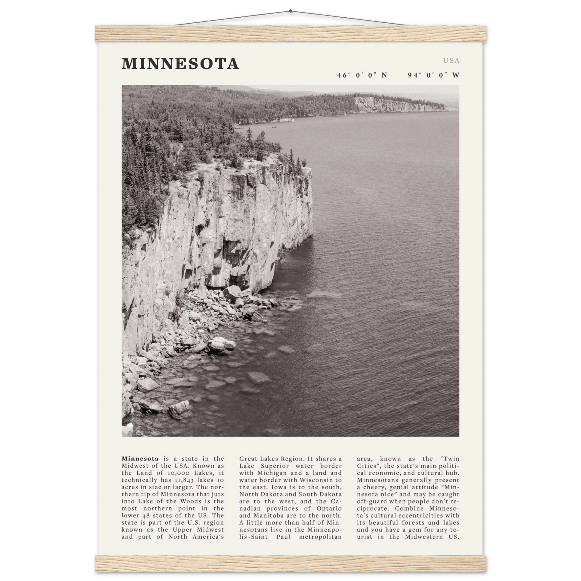 Minnesota Poster | Black & White Lake Superior Wall Art | USA Nature Travel Print - Evergreen Posters