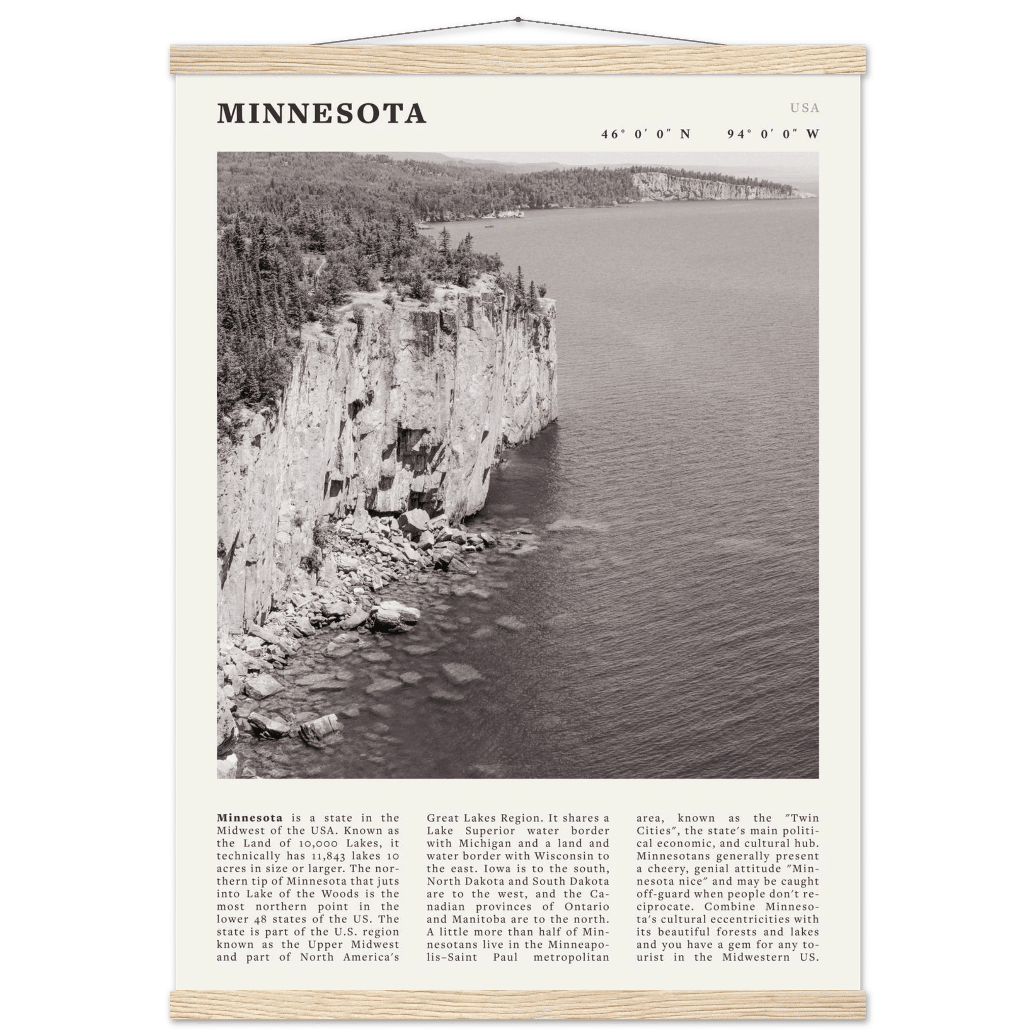 Minnesota Poster | Black & White Lake Superior Wall Art | USA Nature Travel Print - Evergreen Posters