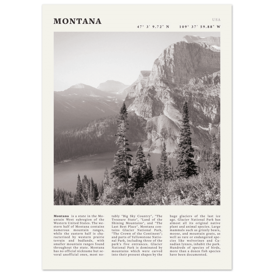 Montana Poster | Black & White Glacier National Park Wall Art | Nature Travel Print - Evergreen Posters