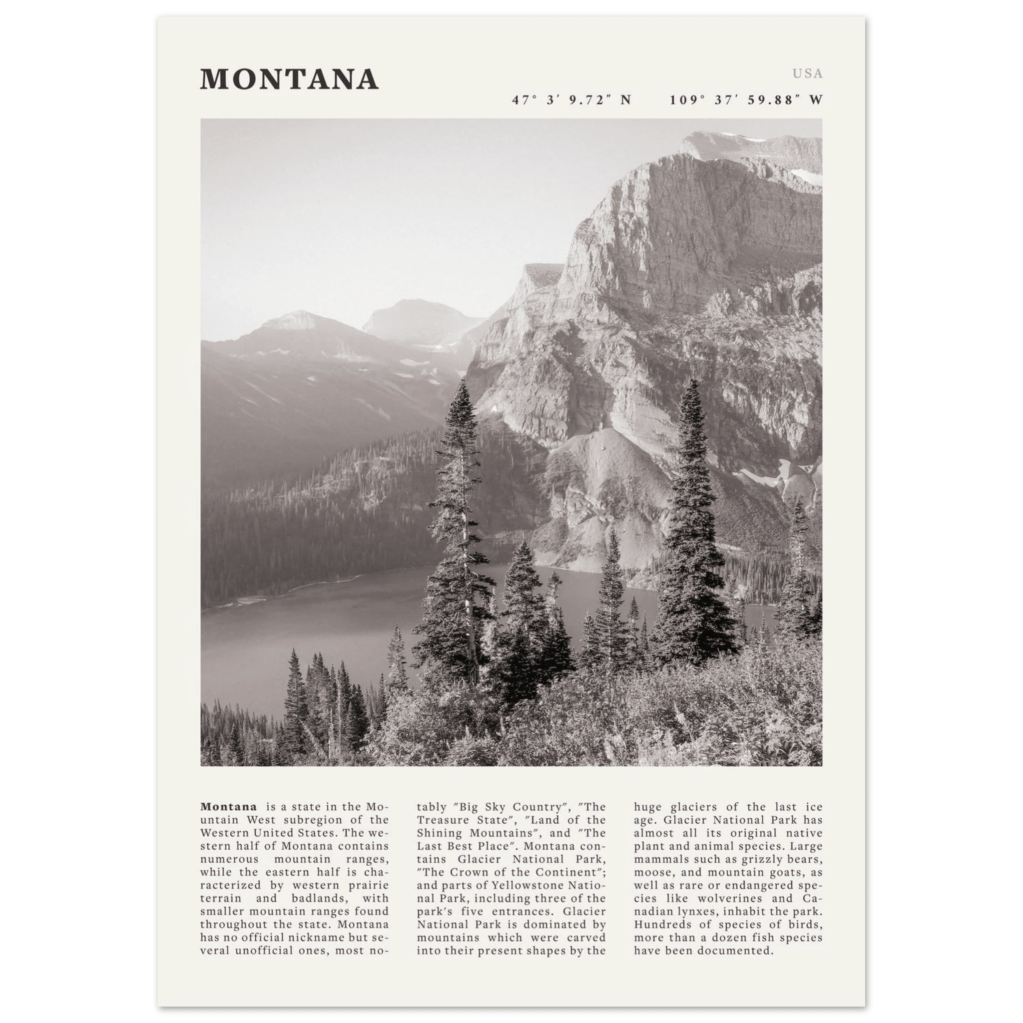 Montana Poster | Black & White Glacier National Park Wall Art | Nature Travel Print - Evergreen Posters