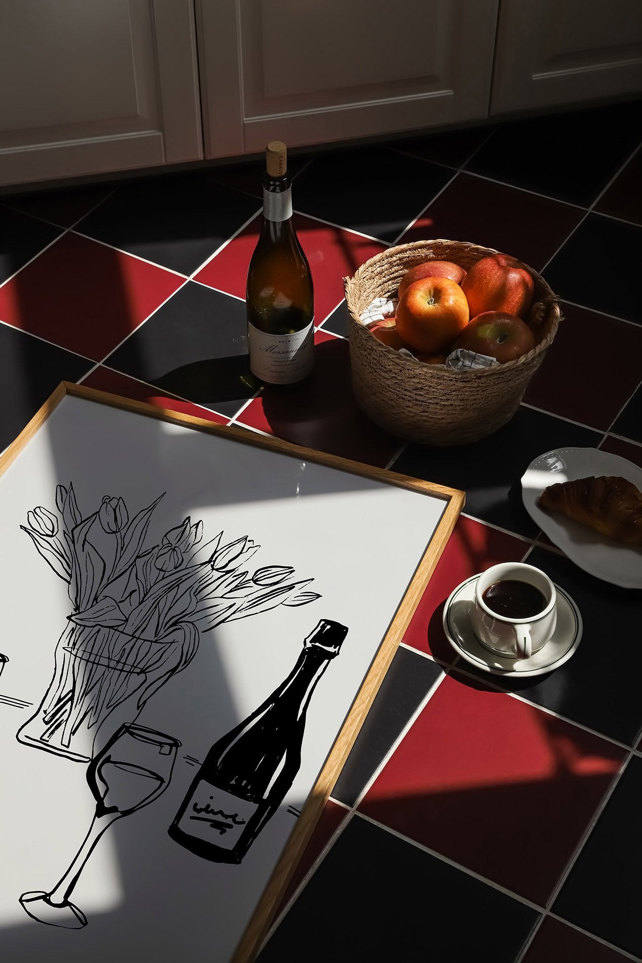 Wine & Tulips Print | Black Line Art Wine Bottle Wall Art | Minimalist Kitchen Poster - Evergreen Posters