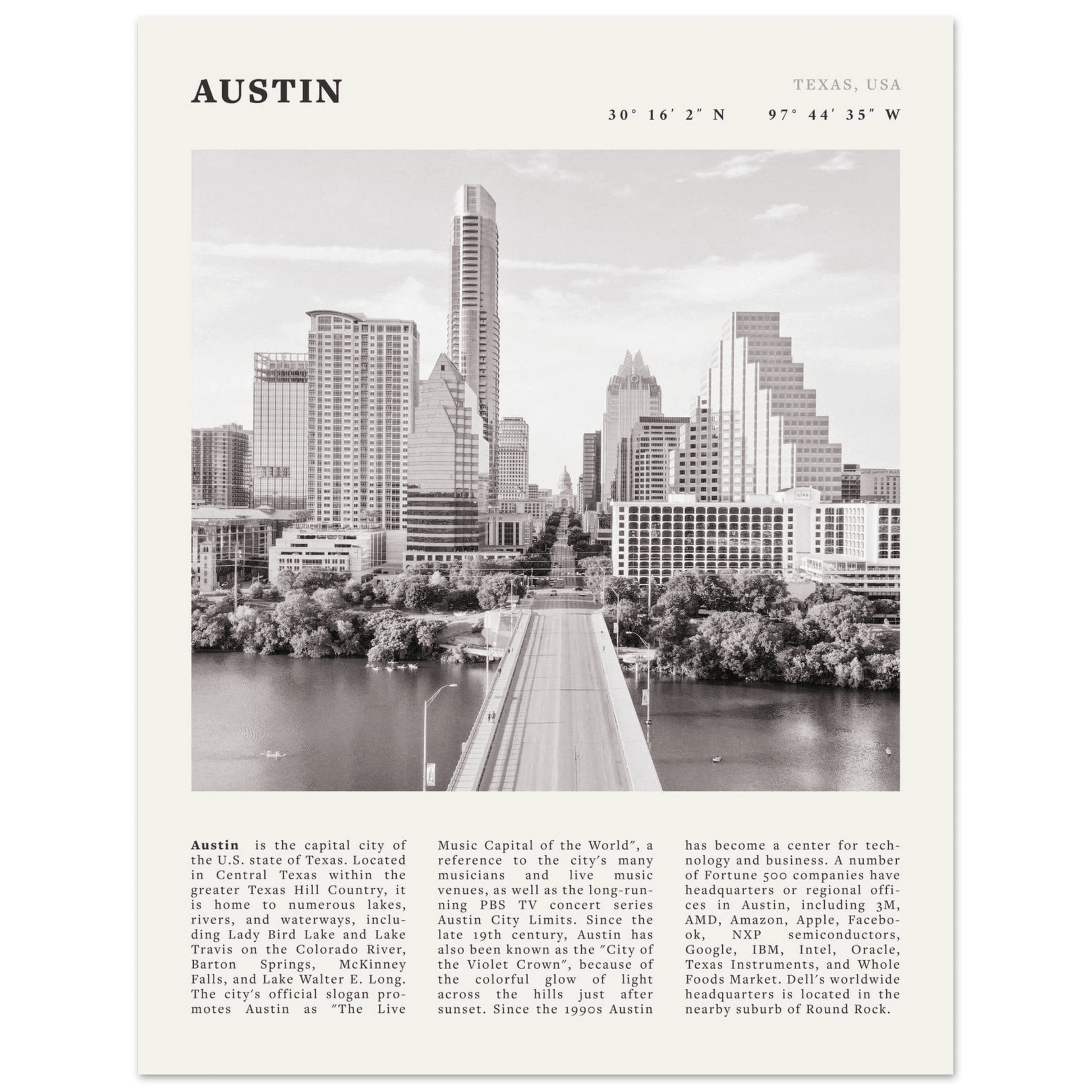 Austin Poster | Black & White Texas Skyline Wall Art | City Travel Print Decor - Evergreen Posters