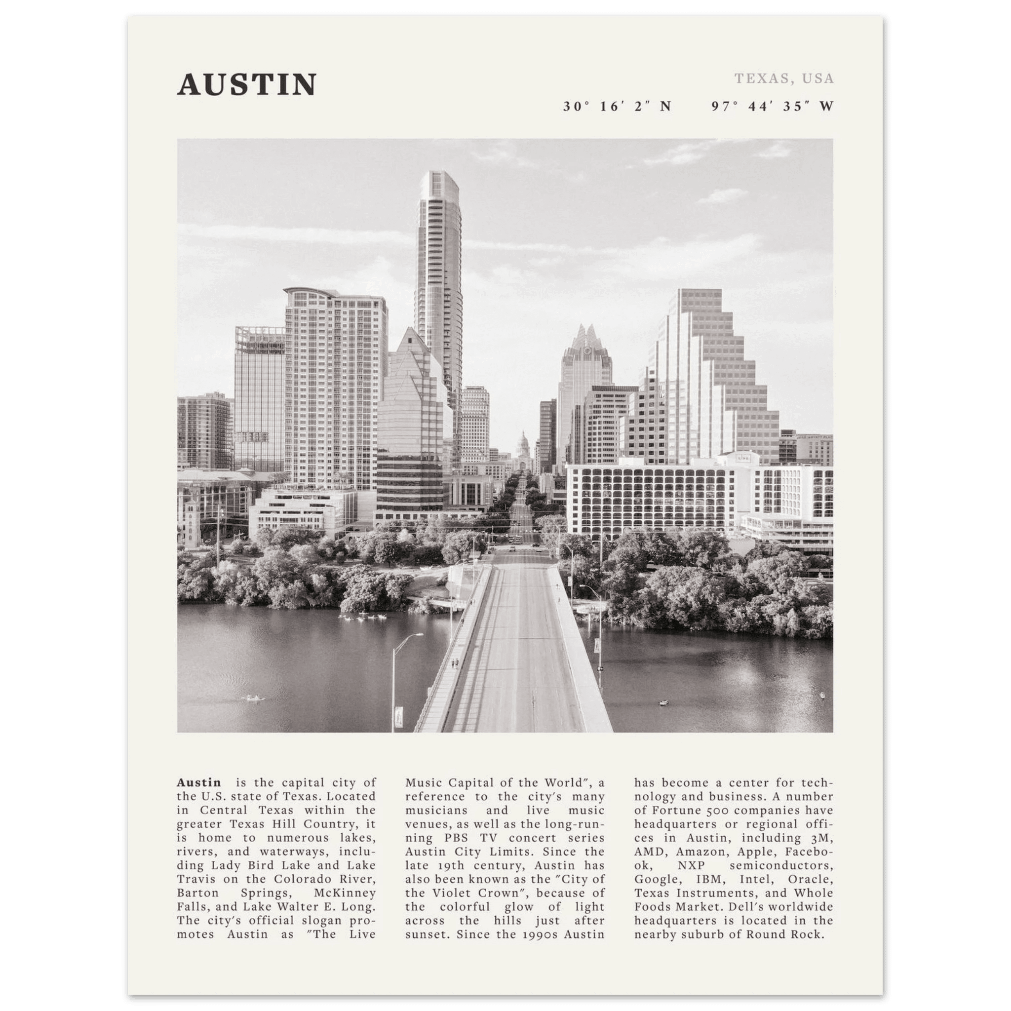 Austin Poster | Black & White Texas Skyline Wall Art | City Travel Print Decor - Evergreen Posters