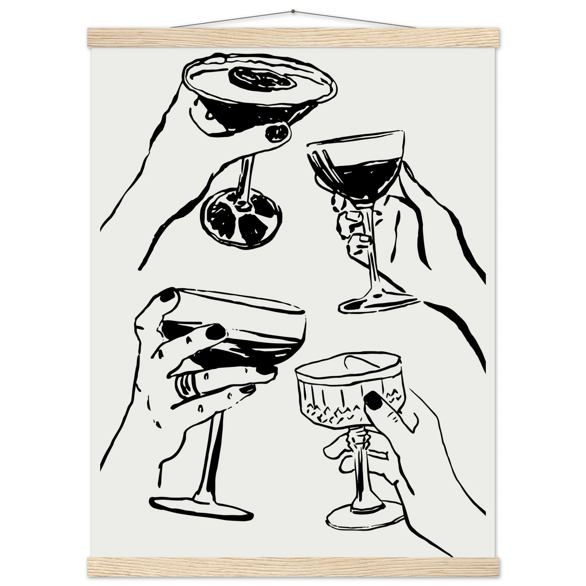 Cheers Print | Black Line Art Cocktail Glasses Wall Art | Kitchen Bar Poster - Evergreen Posters