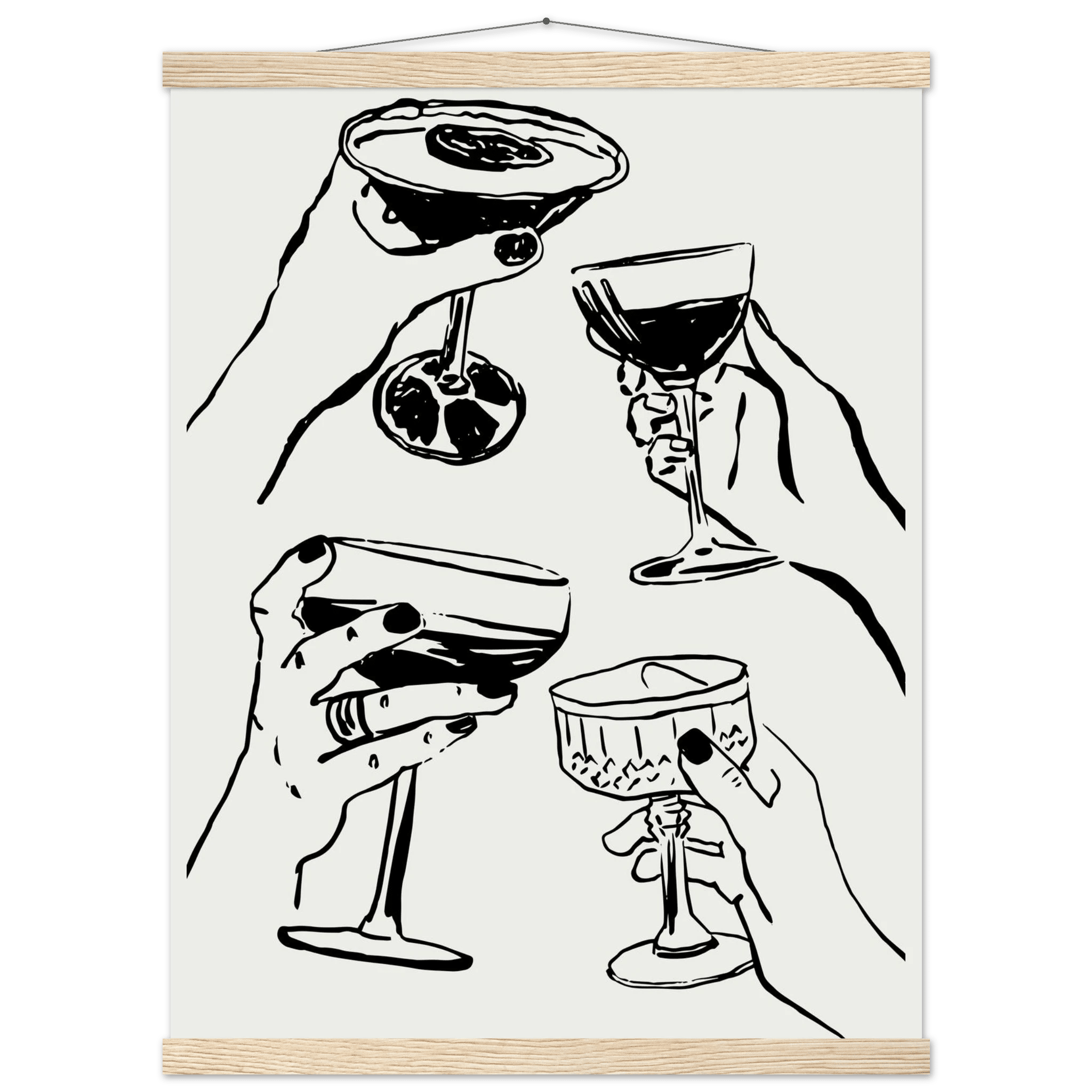 Cheers Print | Black Line Art Cocktail Glasses Wall Art | Kitchen Bar Poster - Evergreen Posters