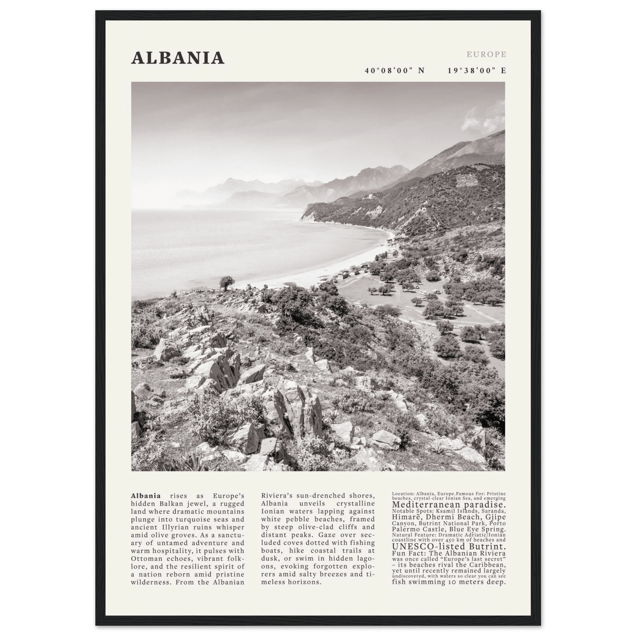 Albania Poster Black and White – Vintage Albanian Riviera Travel Print (Digital & Printed Options) - Evergreen Posters