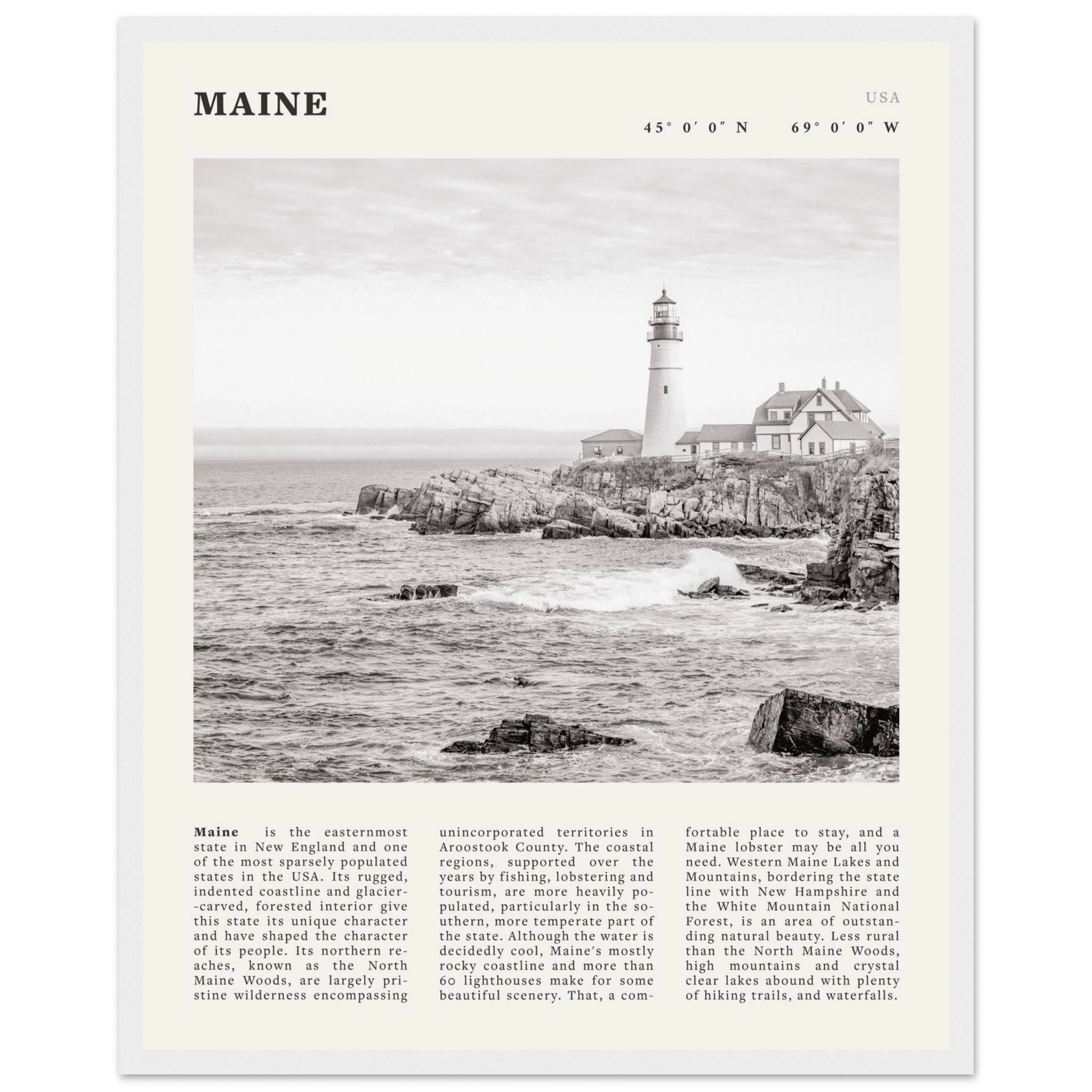 Maine Poster | Black & White Lighthouse Wall Art | New England Coastal Travel Print - Evergreen Posters
