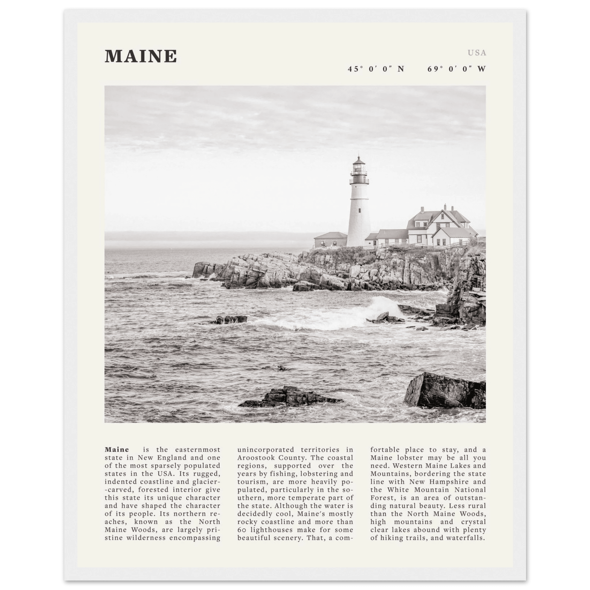 Maine Poster | Black & White Lighthouse Wall Art | New England Coastal Travel Print - Evergreen Posters