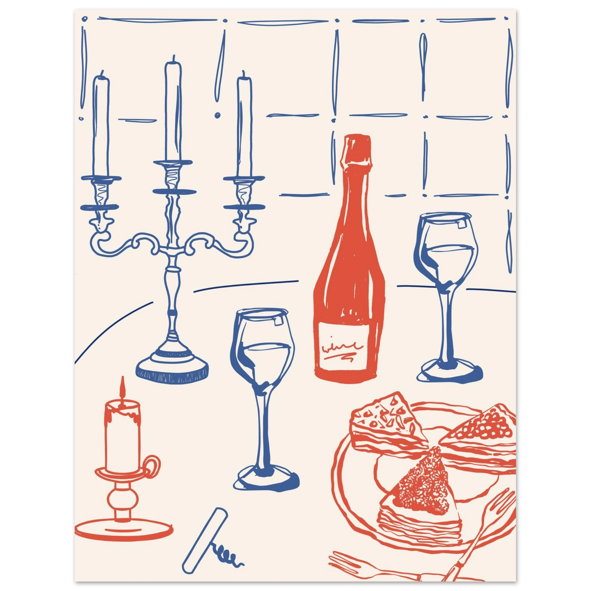 Candlelight Dinner Print | Wine & Candelabra Line Art Wall Art | Kitchen Poster - Evergreen Posters