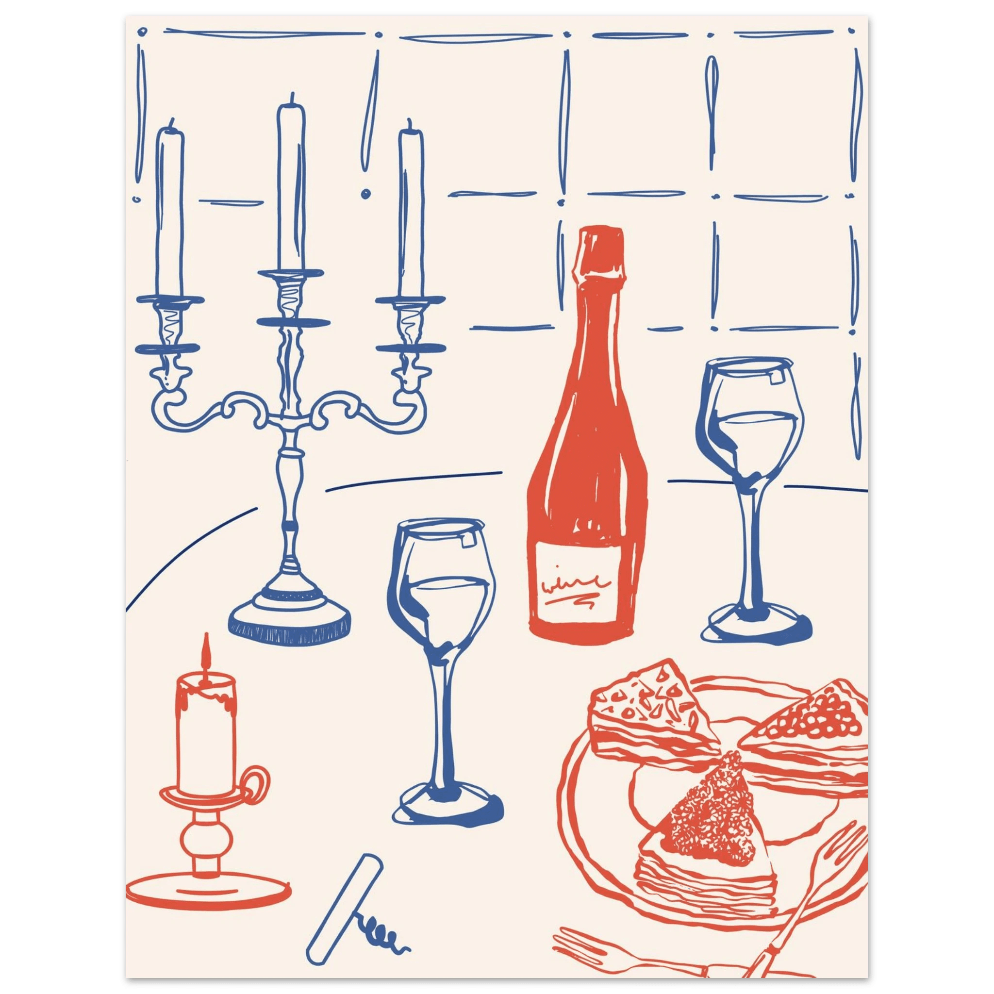 Candlelight Dinner Print | Wine & Candelabra Line Art Wall Art | Kitchen Poster - Evergreen Posters