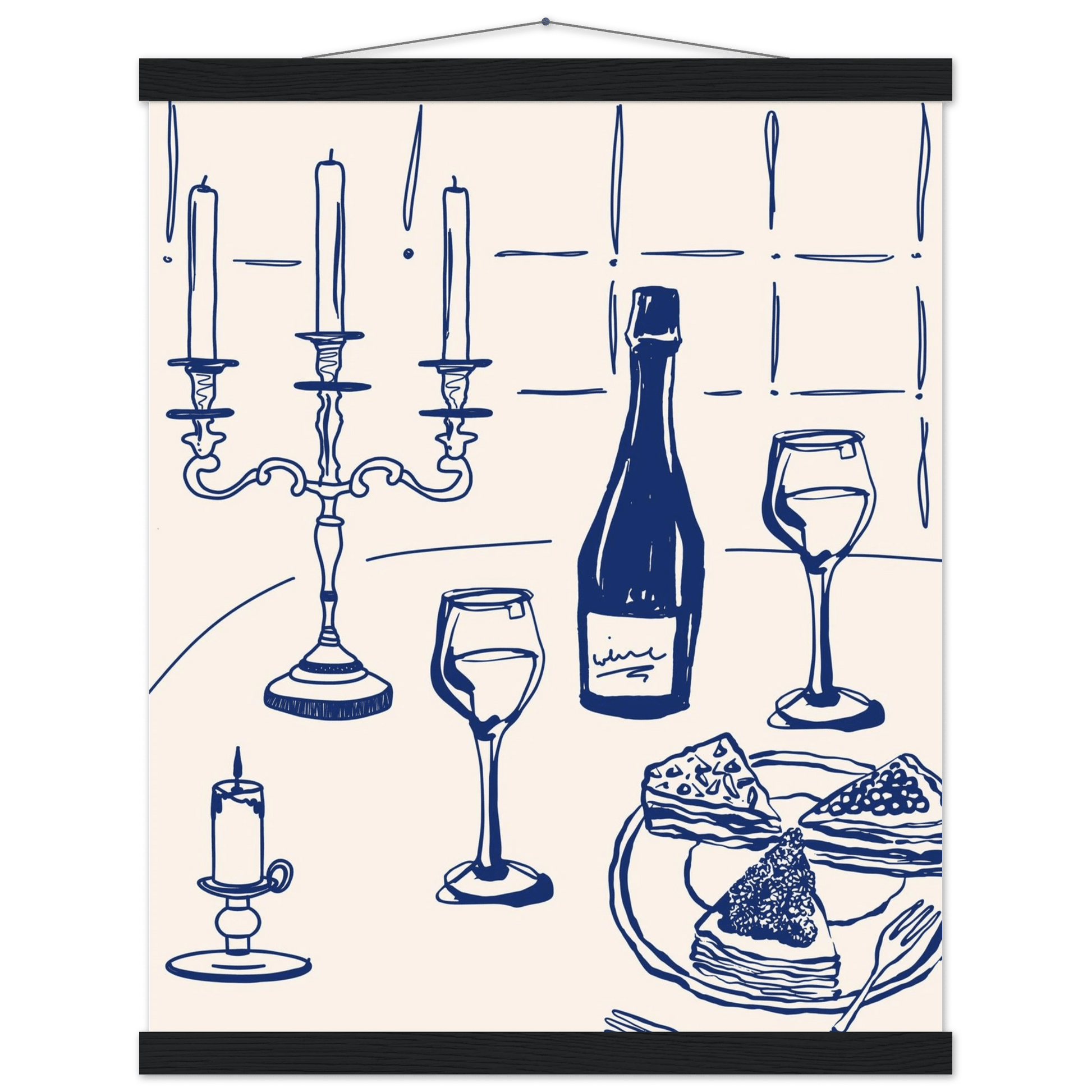 Candlelight Dinner Print | Navy Blue Wine & Candelabra Line Art | Kitchen Poster - Evergreen Posters