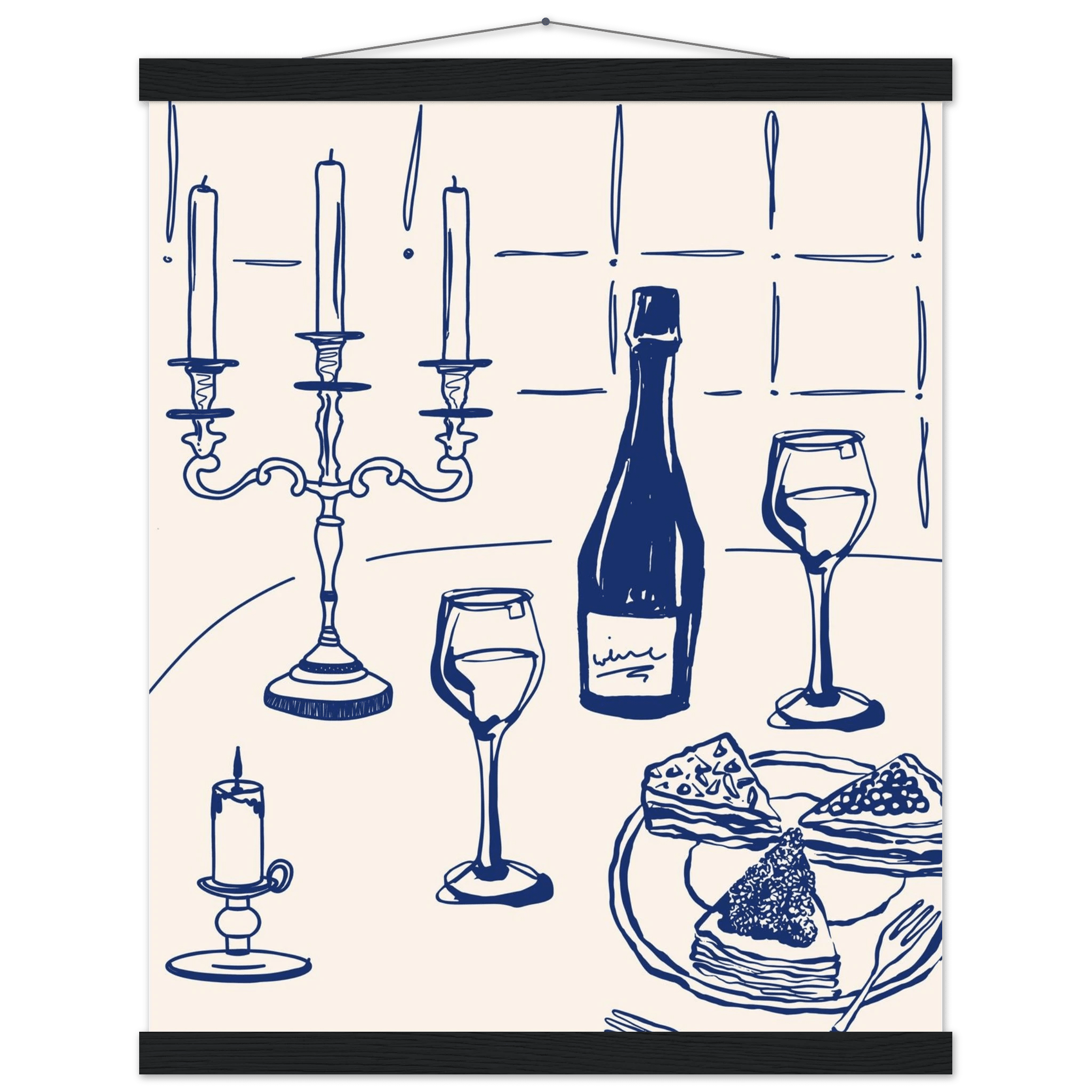 Candlelight Dinner Print | Navy Blue Wine & Candelabra Line Art | Kitchen Poster - Evergreen Posters