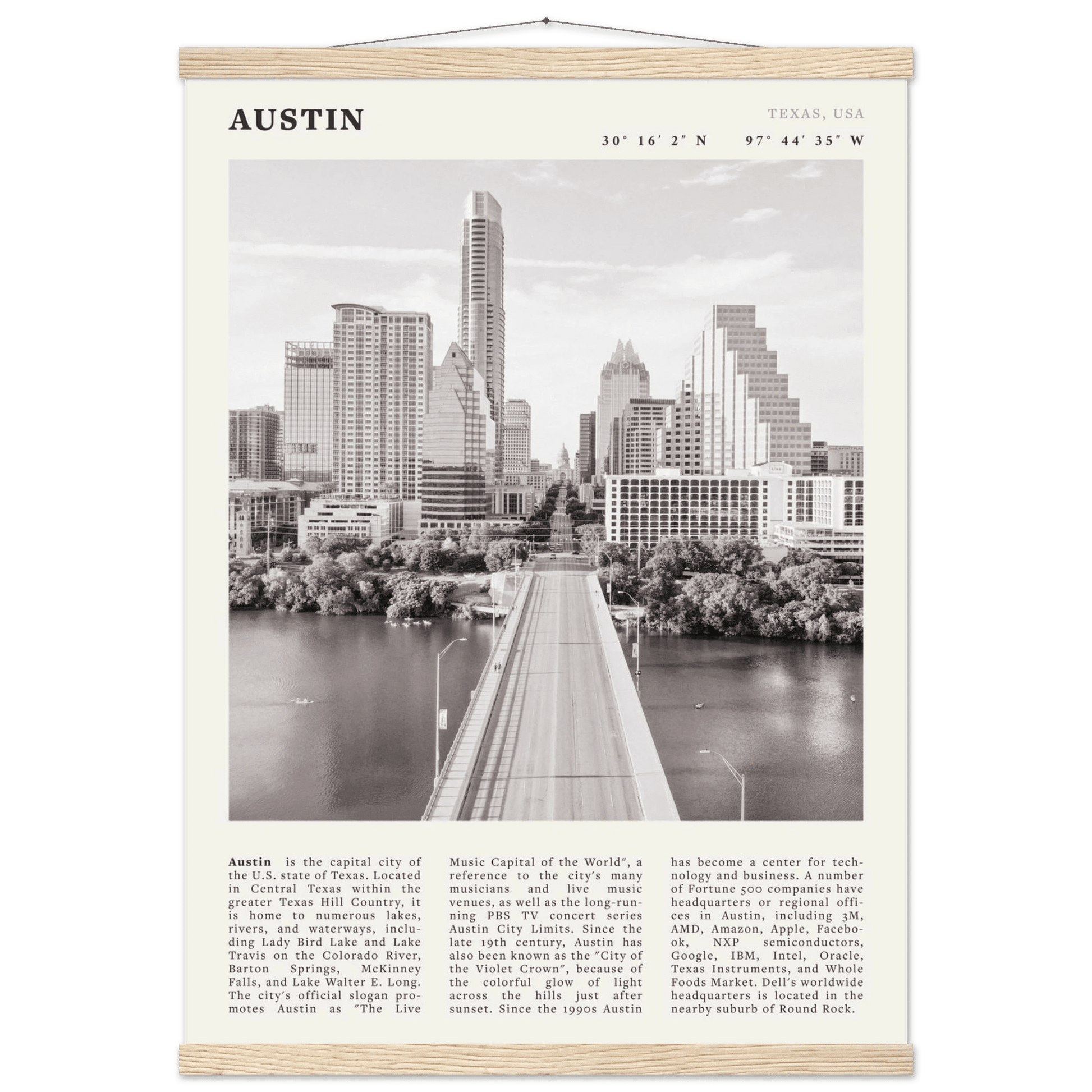 Austin Poster | Black & White Texas Skyline Wall Art | City Travel Print Decor - Evergreen Posters