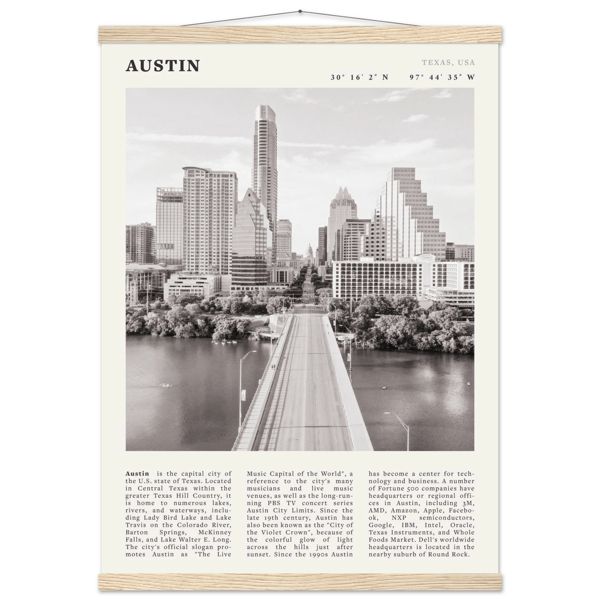 Austin Poster | Black & White Texas Skyline Wall Art | City Travel Print Decor - Evergreen Posters