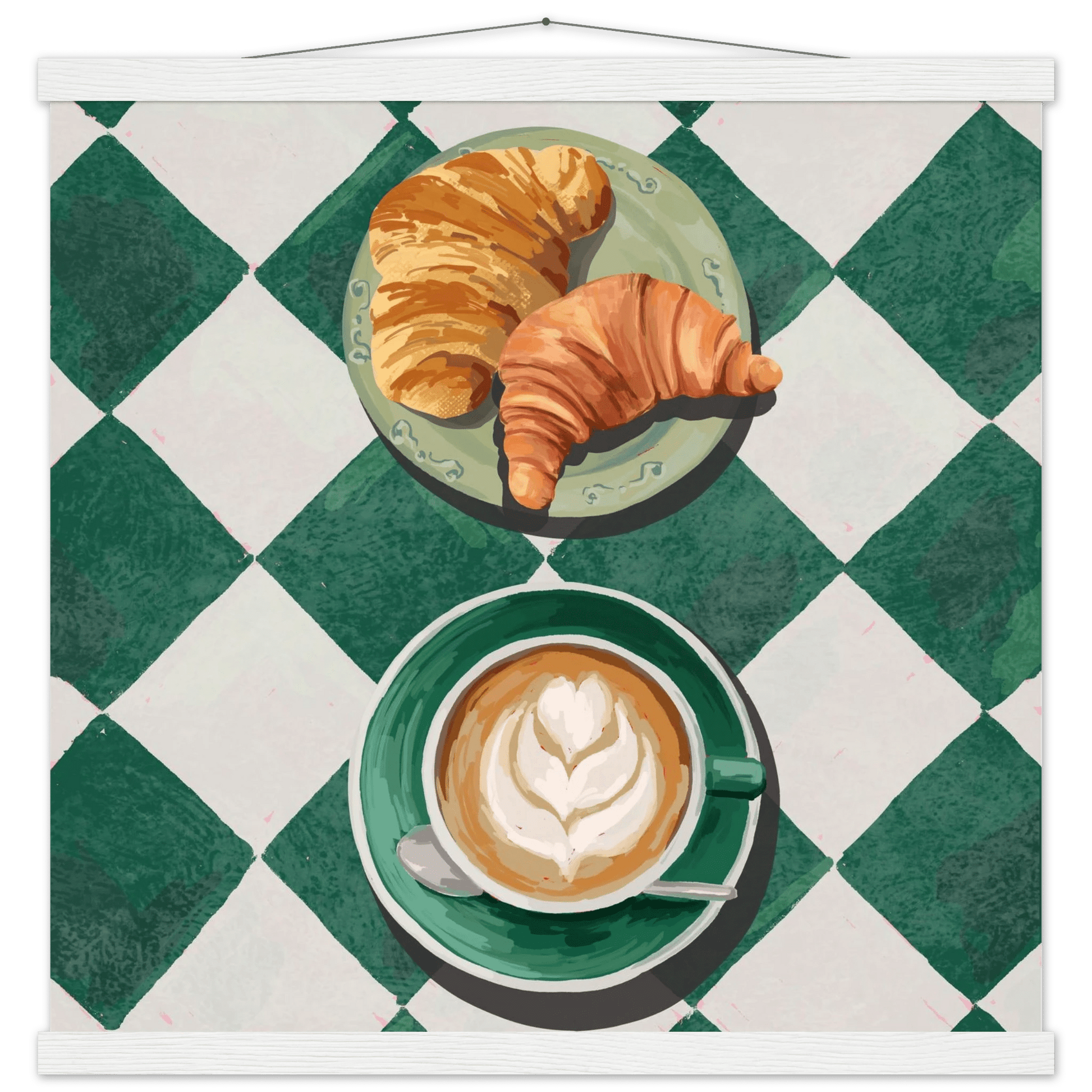 Croissant & Latte Poster | Classic Kitchen Wall Art | Green Tile Square Breakfast Print - Evergreen Posters - 28