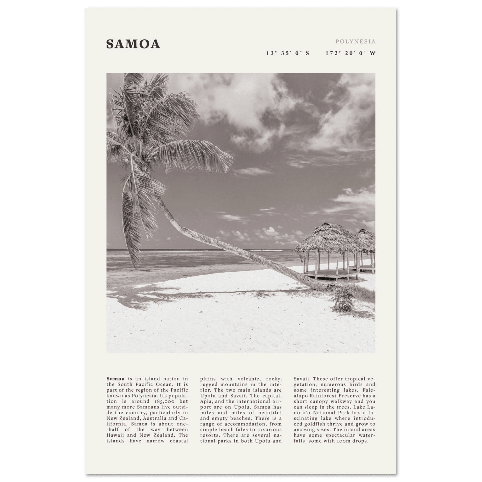 Samoa Poster | Black & White South Pacific Beach Wall Art | Polynesia Travel Print - Evergreen Posters
