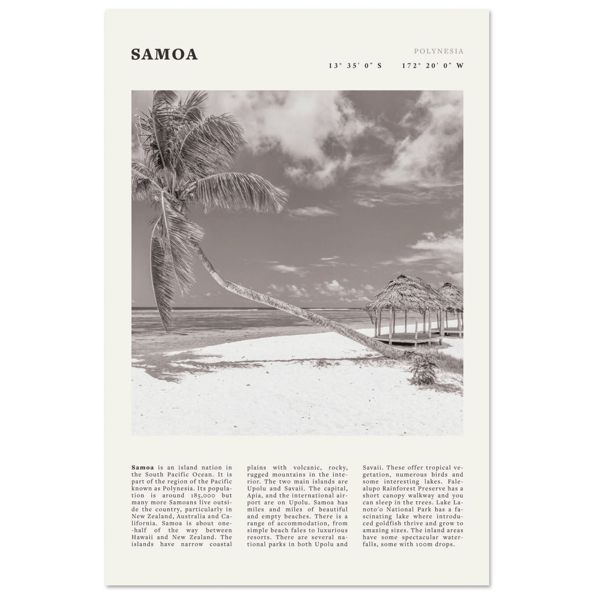 Samoa Poster | Black & White South Pacific Beach Wall Art | Polynesia Travel Print - Evergreen Posters