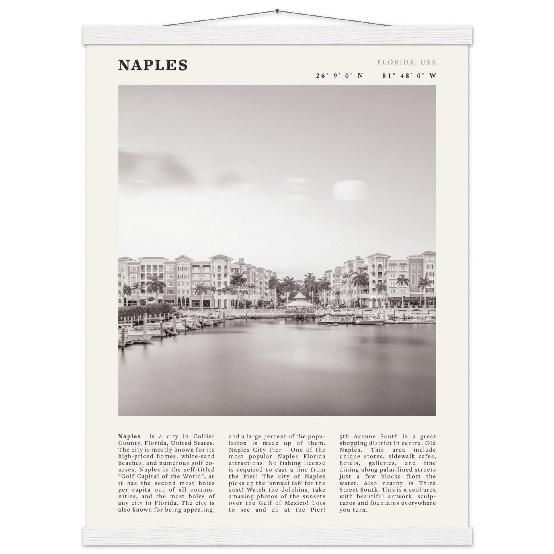 Naples Florida Poster | Black & White Gulf Coast Wall Art | FL Travel Print - Evergreen Posters