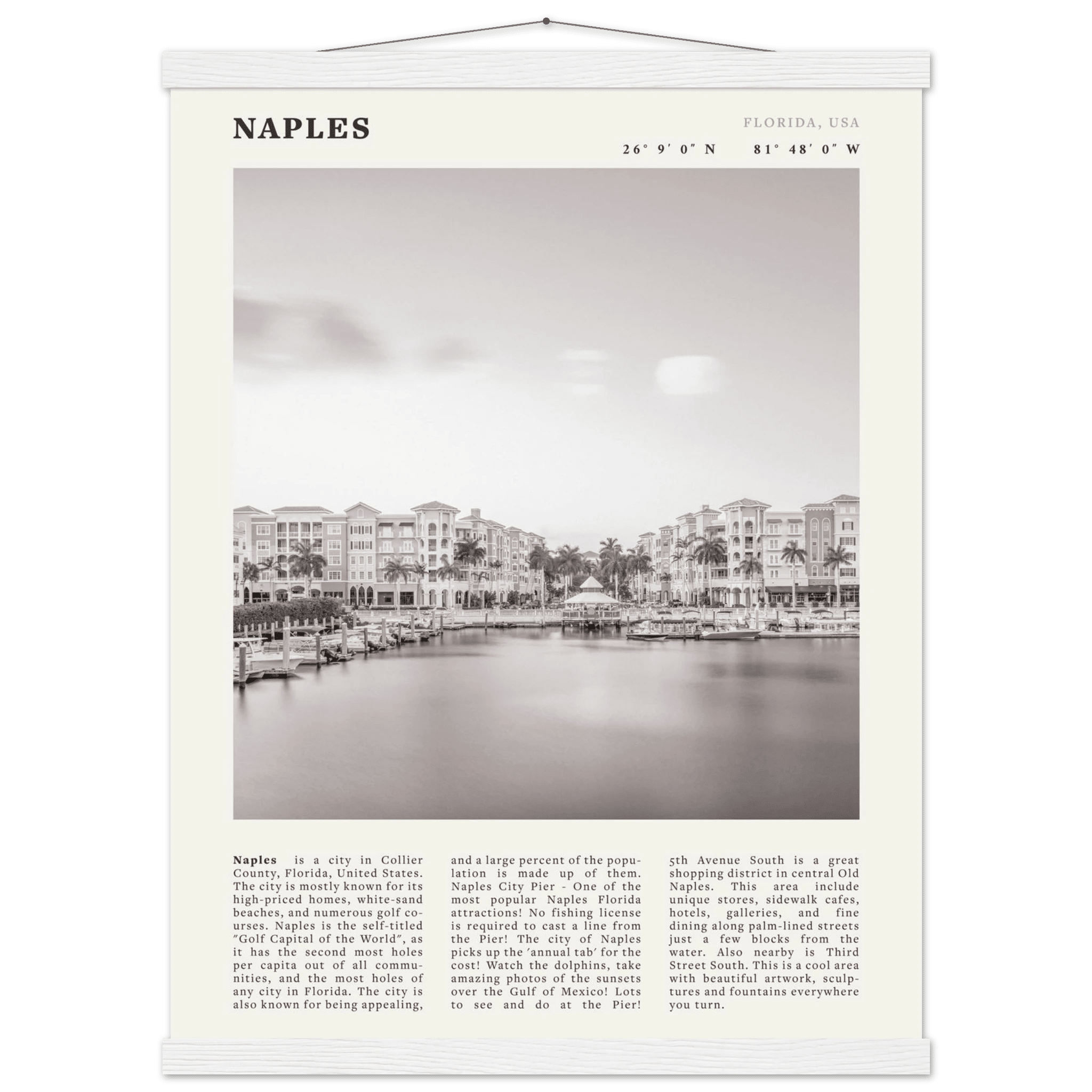 Naples Florida Poster | Black & White Gulf Coast Wall Art | FL Travel Print - Evergreen Posters