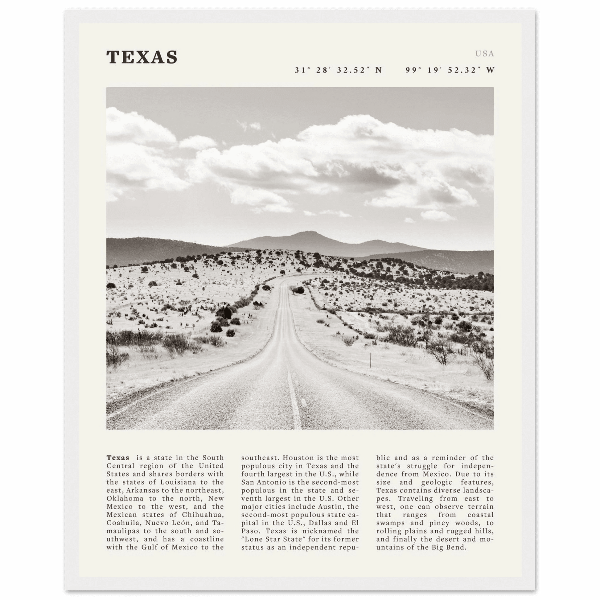 Texas Poster | Black & White Lone Star Road Wall Art | USA Travel Print Decor - Evergreen Posters