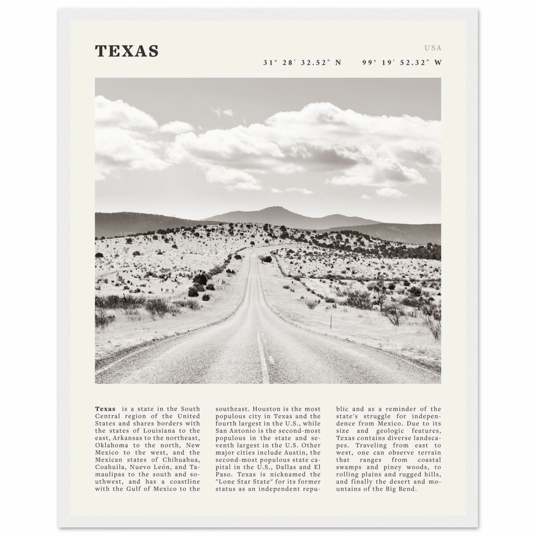 Texas Poster | Black & White Lone Star Road Wall Art | USA Travel Print Decor - Evergreen Posters