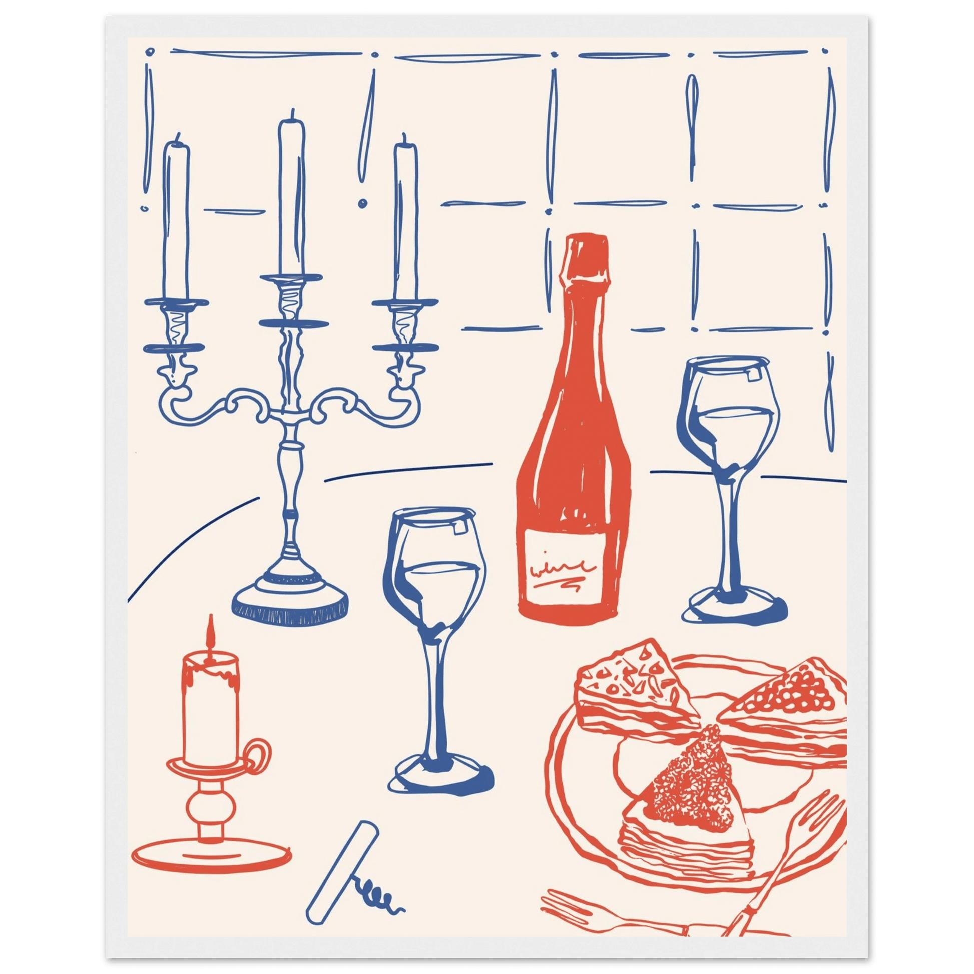 Candlelight Dinner Print | Wine & Candelabra Line Art Wall Art | Kitchen Poster - Evergreen Posters