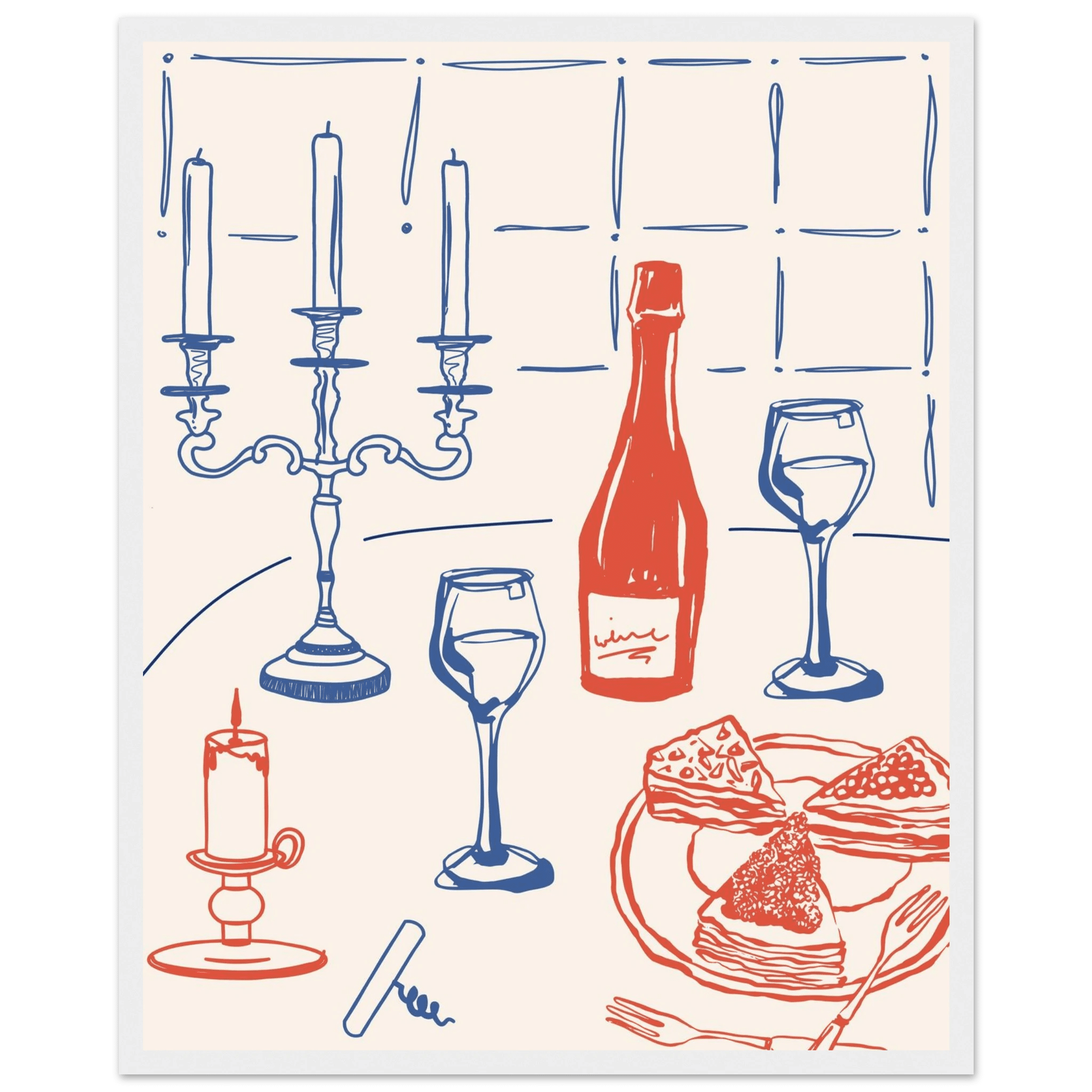 Candlelight Dinner Print | Wine & Candelabra Line Art Wall Art | Kitchen Poster - Evergreen Posters