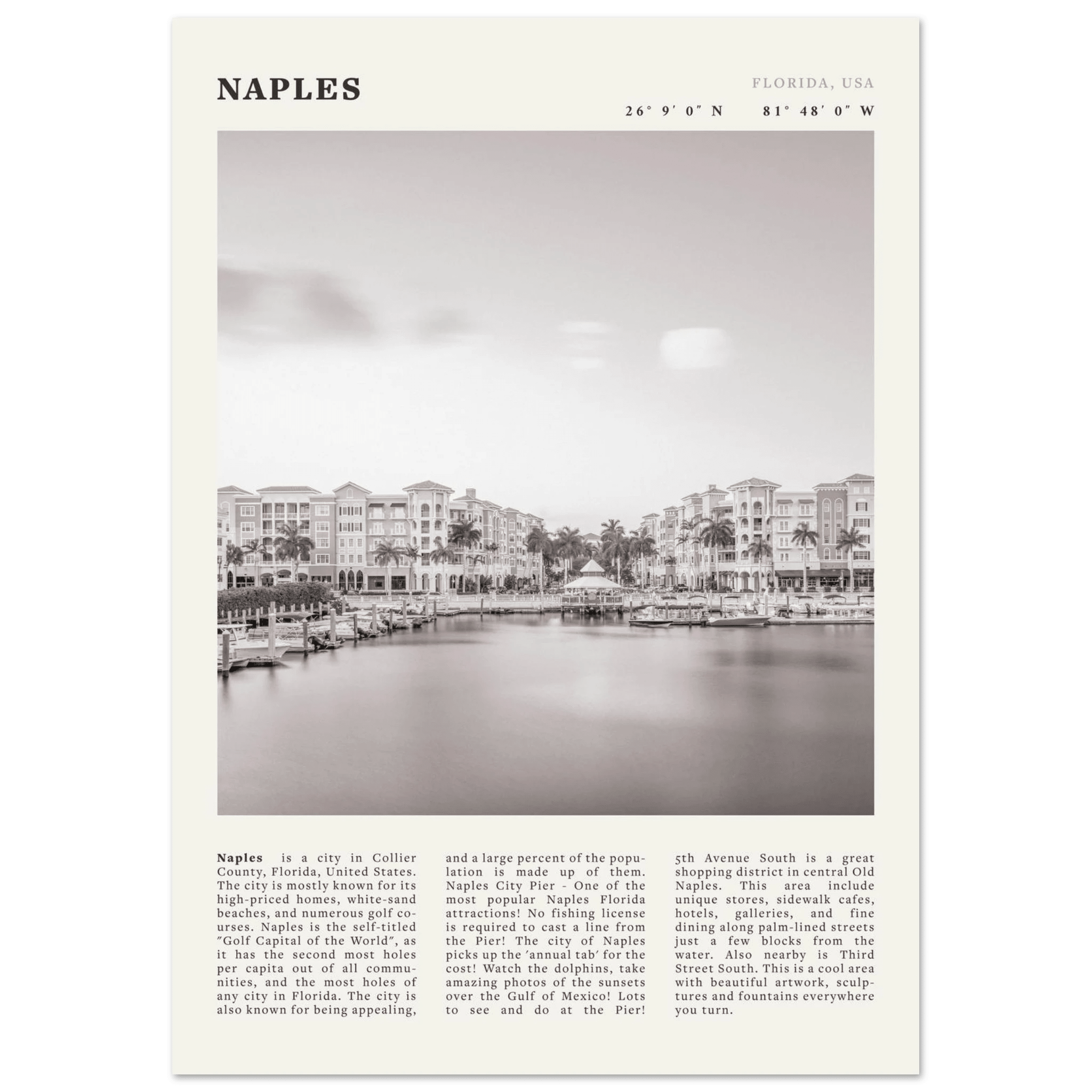 Naples Florida Poster | Black & White Gulf Coast Wall Art | FL Travel Print - Evergreen Posters