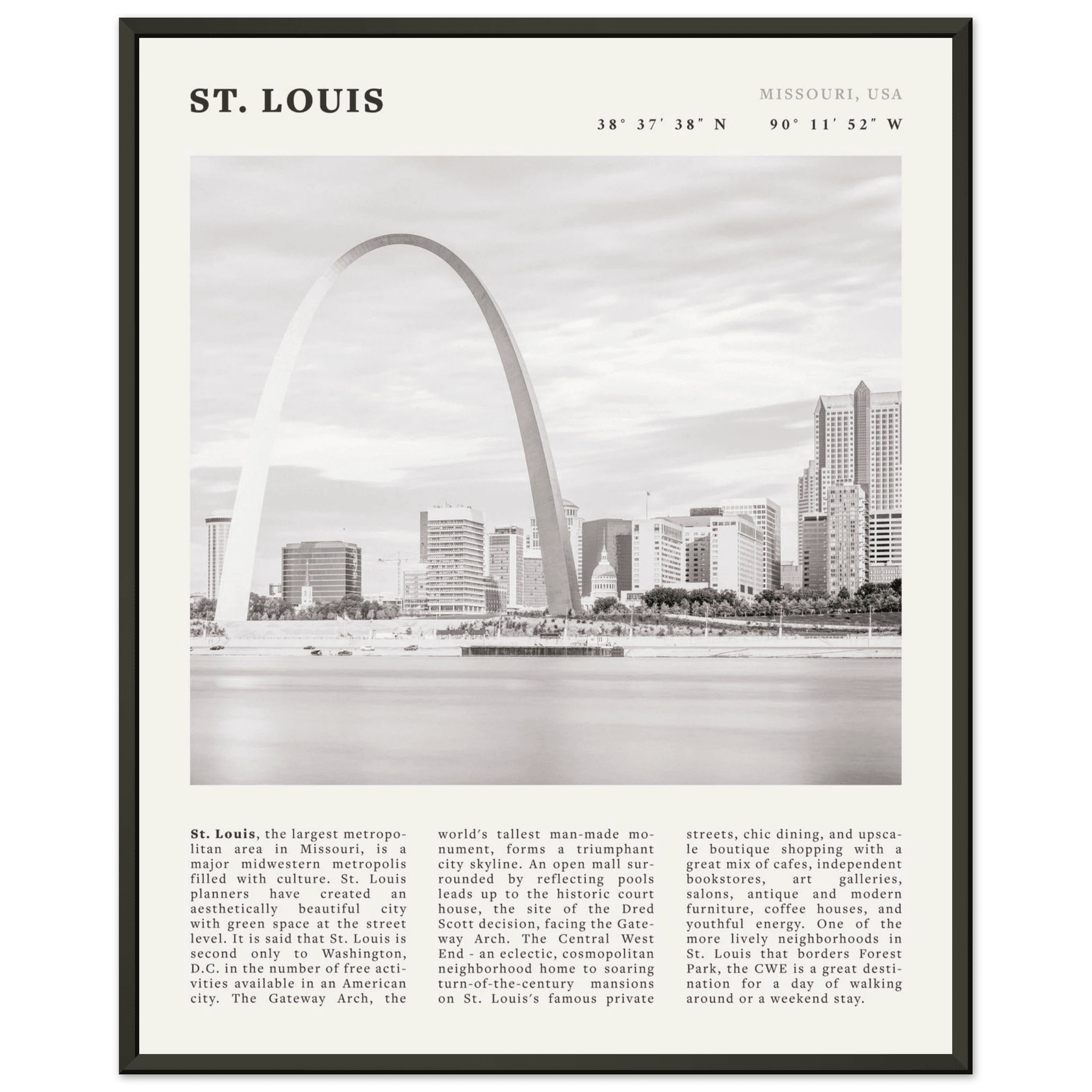 St. Louis Poster | Black & White Gateway Arch Wall Art | Missouri Travel Print - Evergreen Posters