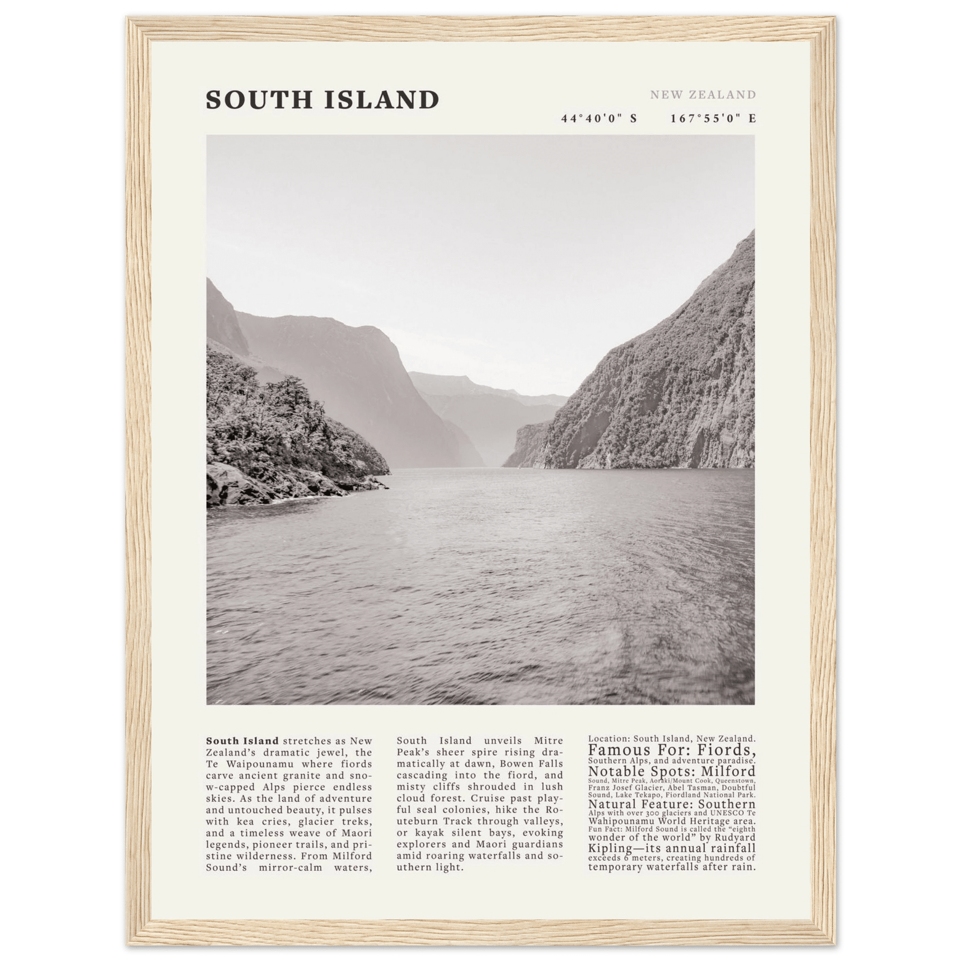 South Island New Zealand Poster Black and White – Vintage Milford Sound Fjord Print - Evergreen Posters