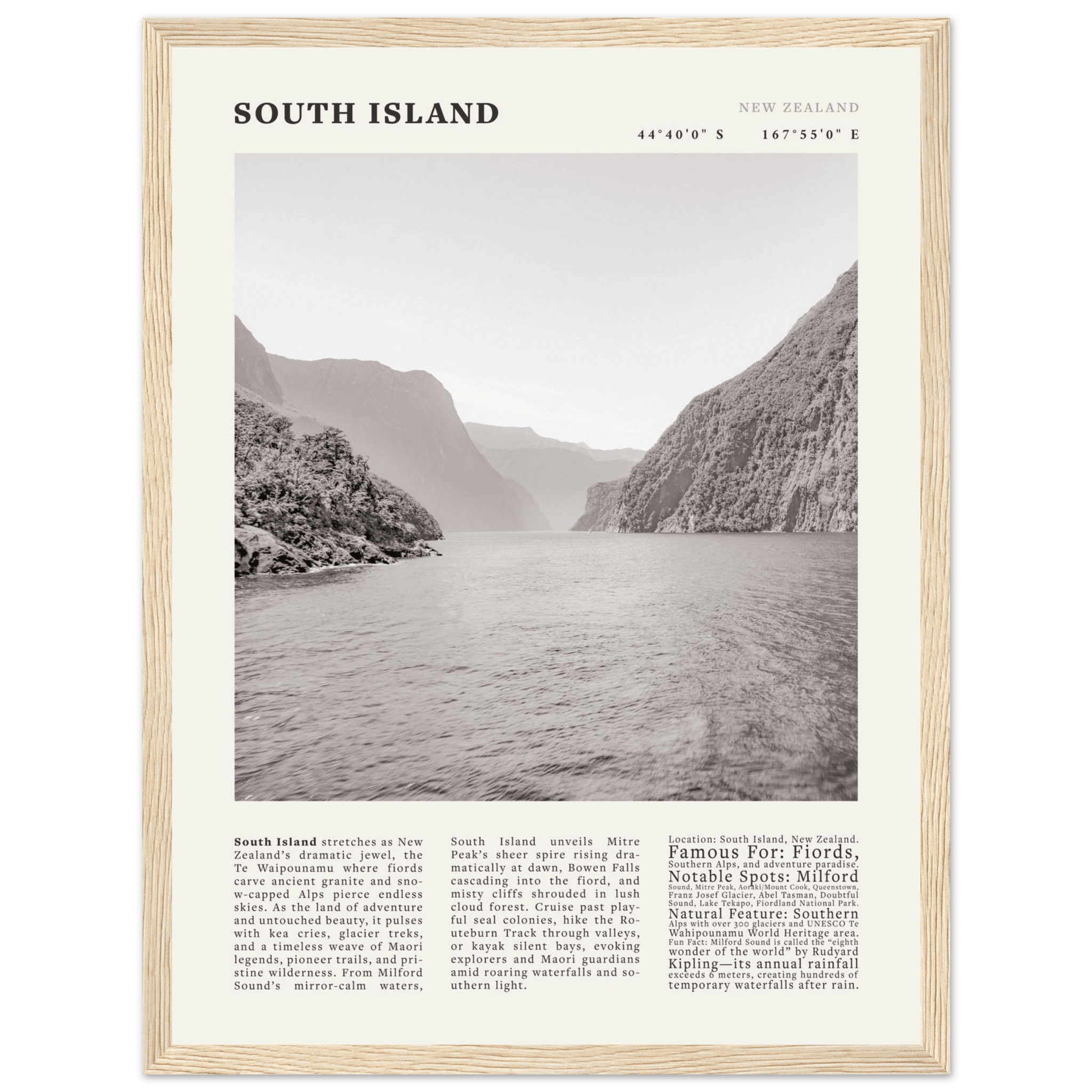 South Island New Zealand Poster Black and White – Vintage Milford Sound Fjord Print - Evergreen Posters