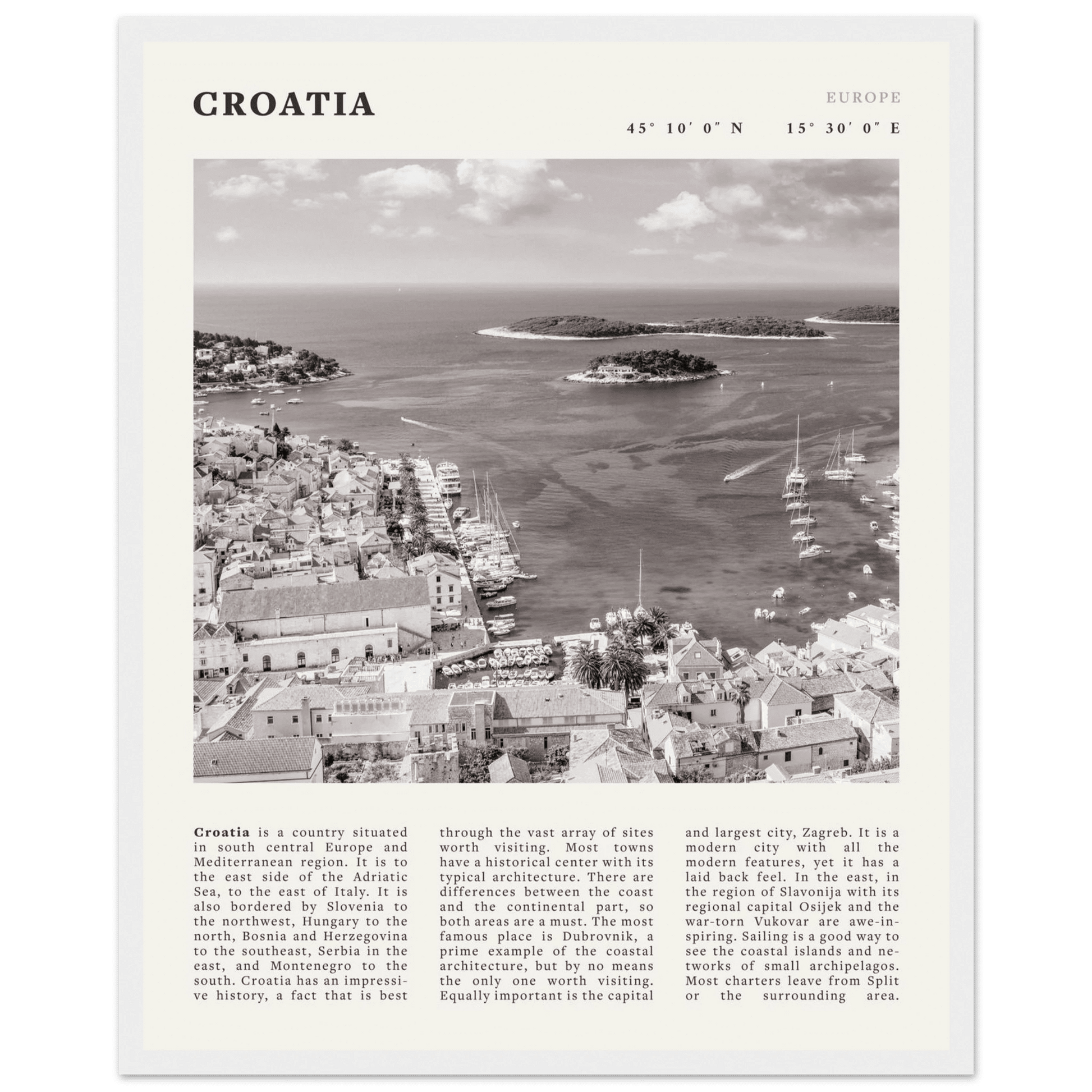 Croatia Poster | Black & White Hvar Island Wall Art | Adriatic Travel Print Decor - Evergreen Posters