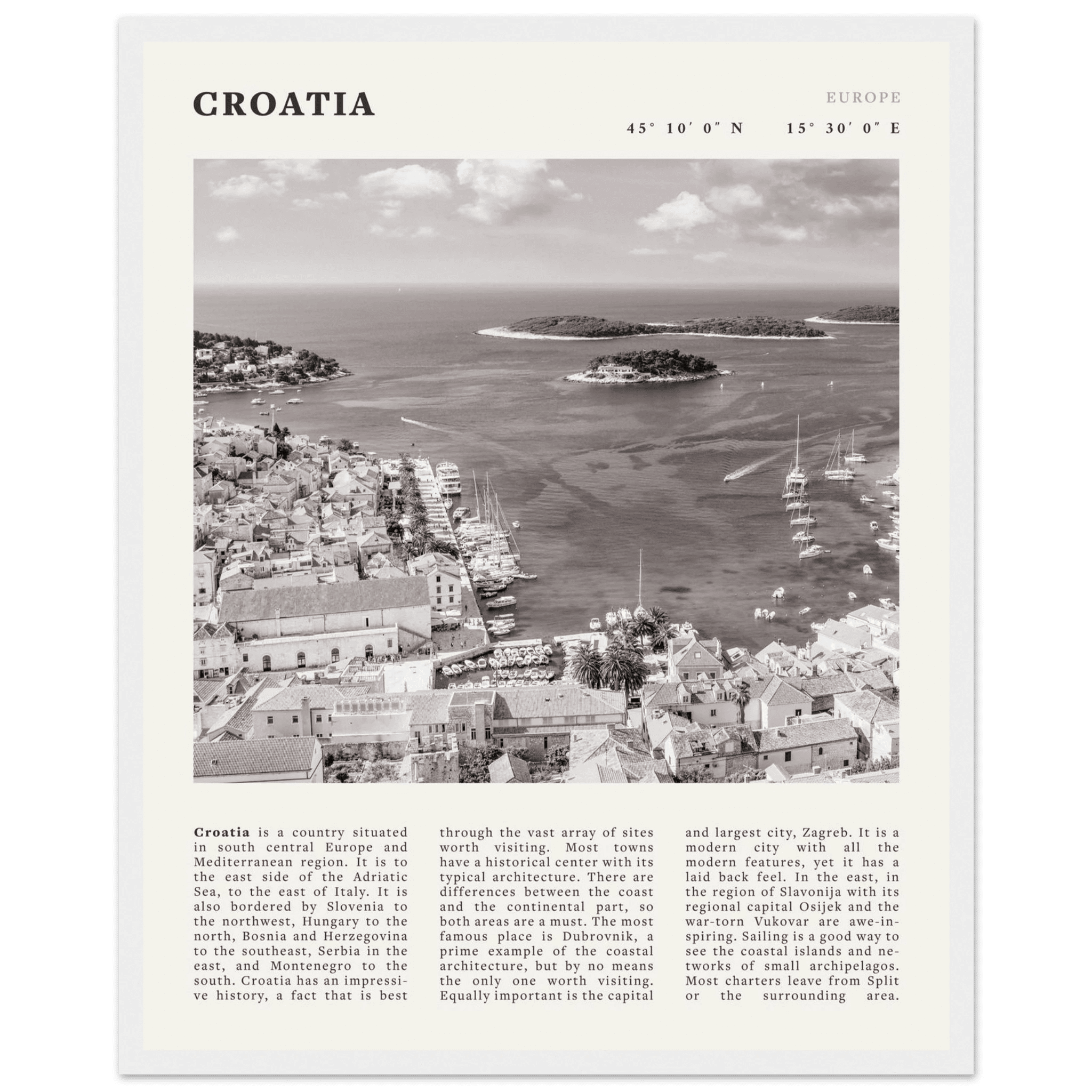 Croatia Poster | Black & White Hvar Island Wall Art | Adriatic Travel Print Decor - Evergreen Posters