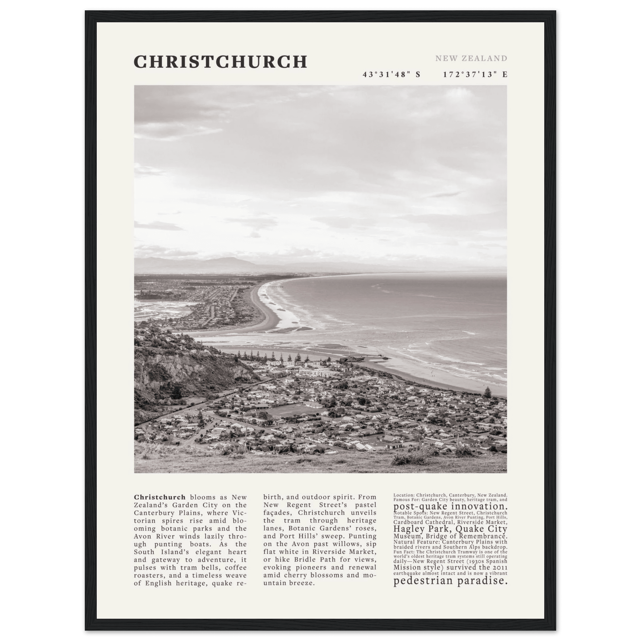 Christchurch New Zealand Poster Black and White – Vintage Garden City Panorama Print - Evergreen Posters