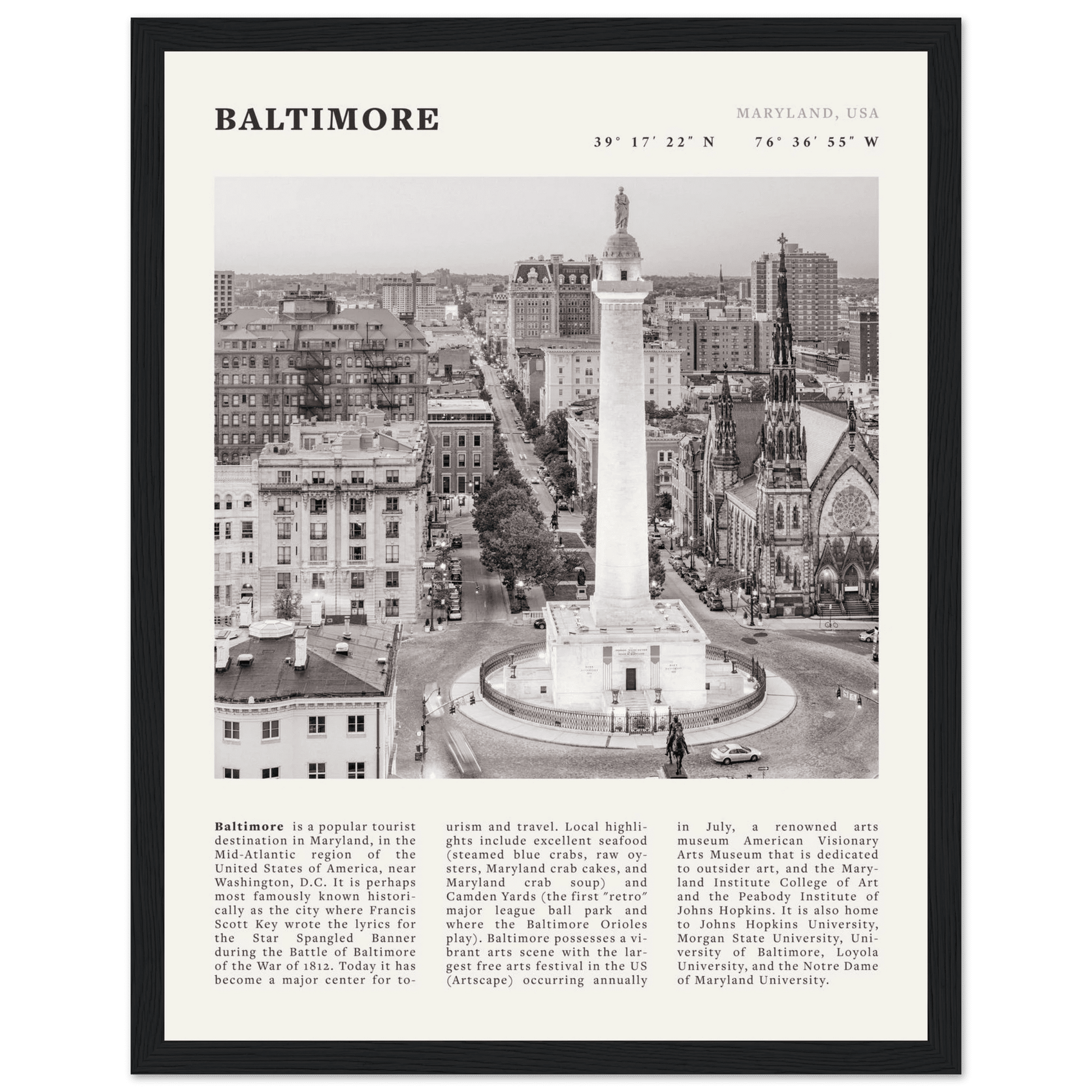 Baltimore Poster | Black & White Maryland City Wall Art | USA Travel Print - Evergreen Posters
