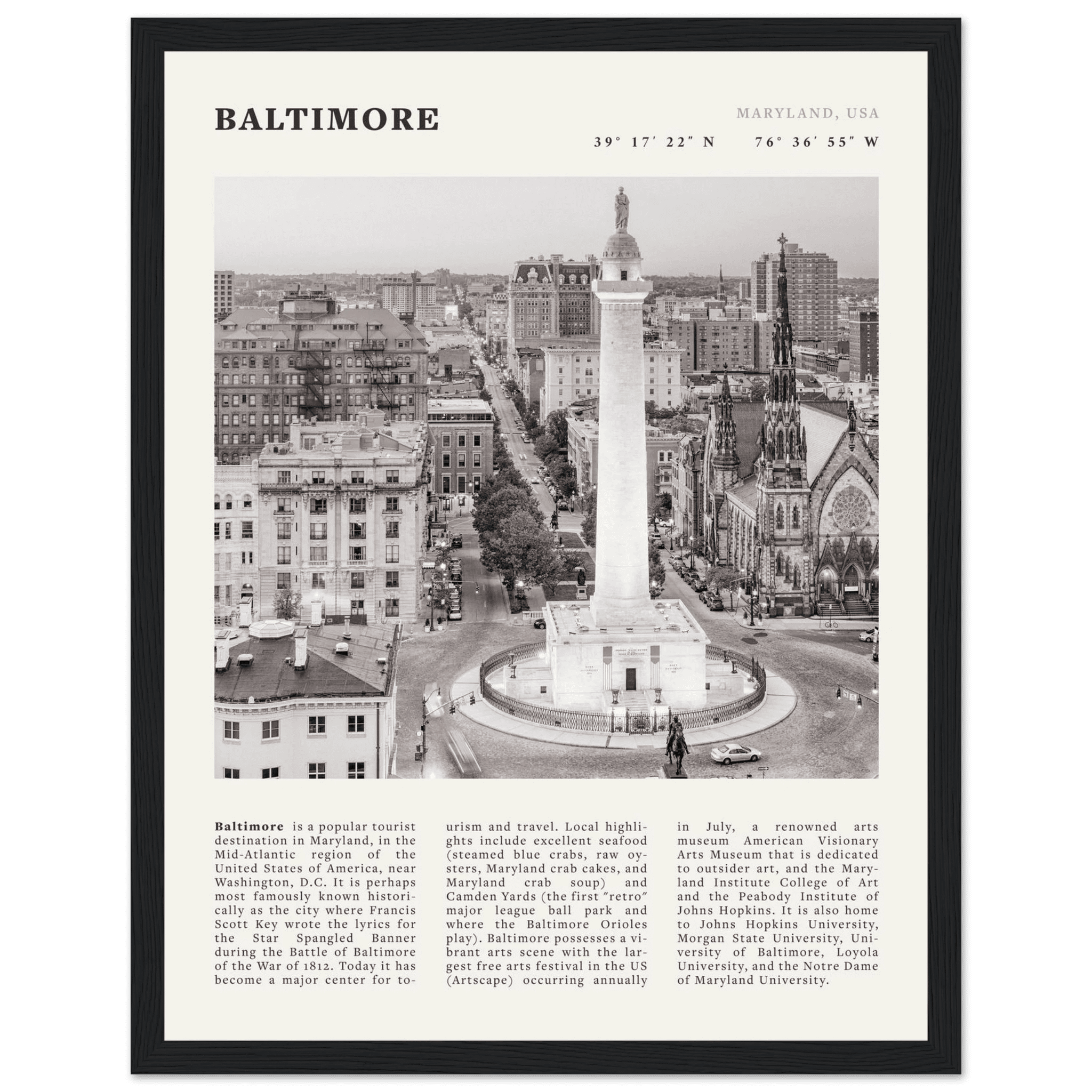 Baltimore Poster | Black & White Maryland City Wall Art | USA Travel Print - Evergreen Posters