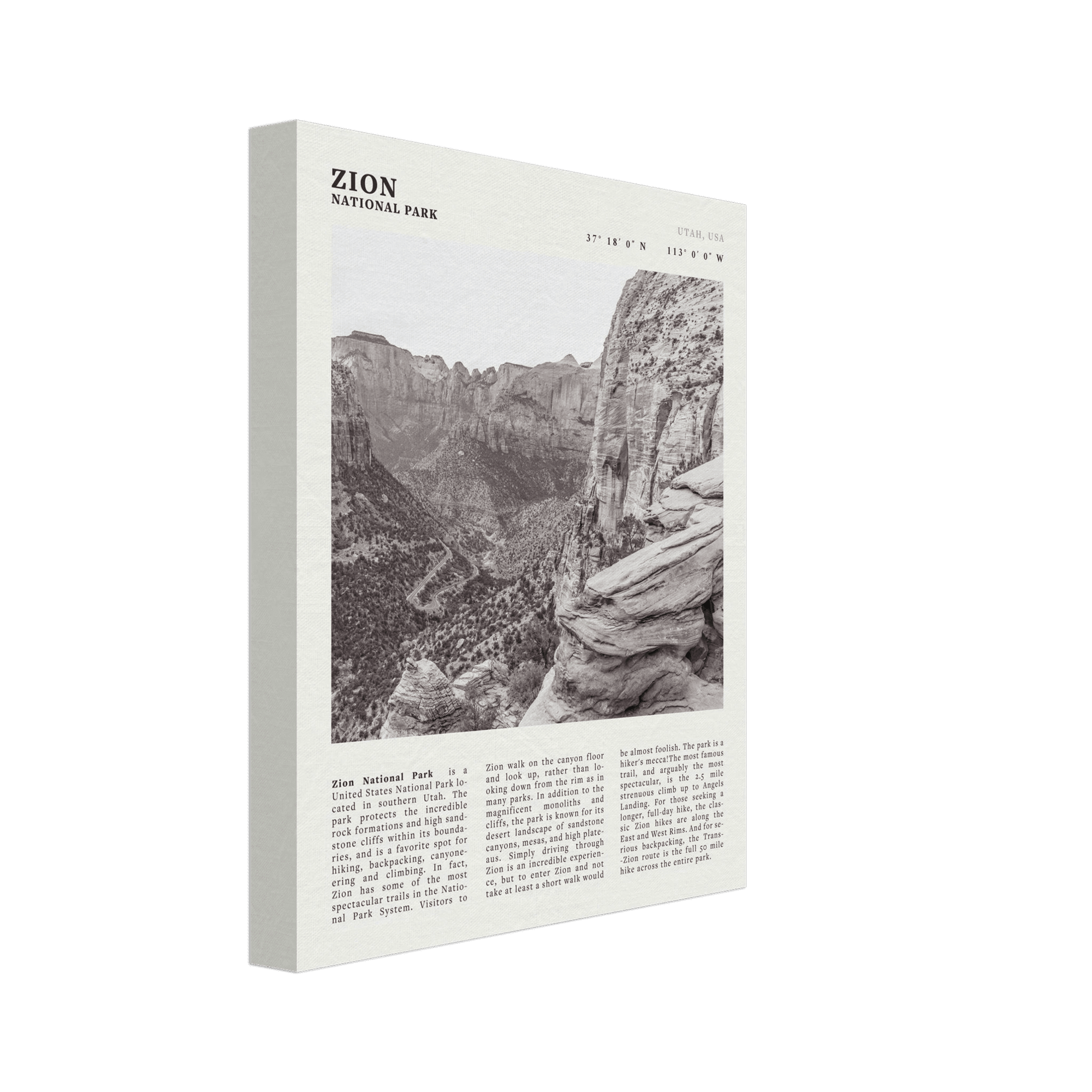 Zion National Park Poster | Black & White Utah Canyon Wall Art | USA Travel Print - Evergreen Posters