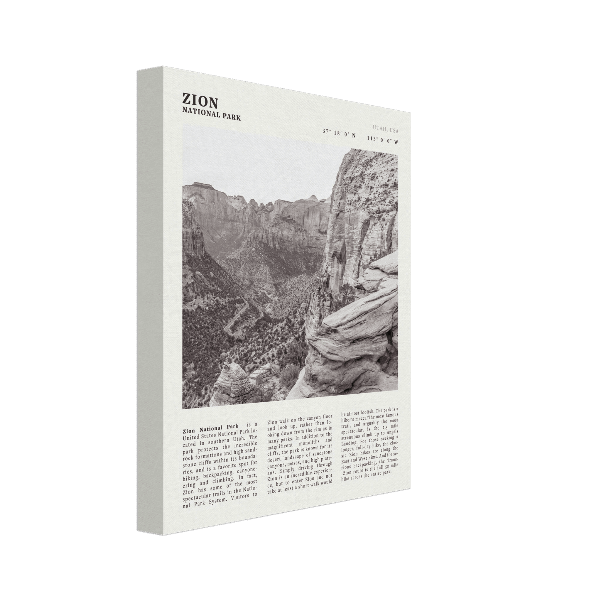 Zion National Park Poster | Black & White Utah Canyon Wall Art | USA Travel Print - Evergreen Posters